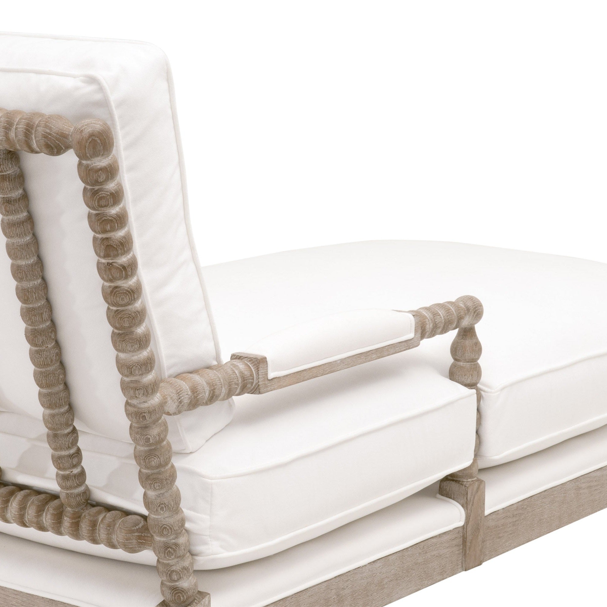 Essentials for Living Rouleau Chaise Lounge with carved spool-style oak frame and soft white cushions