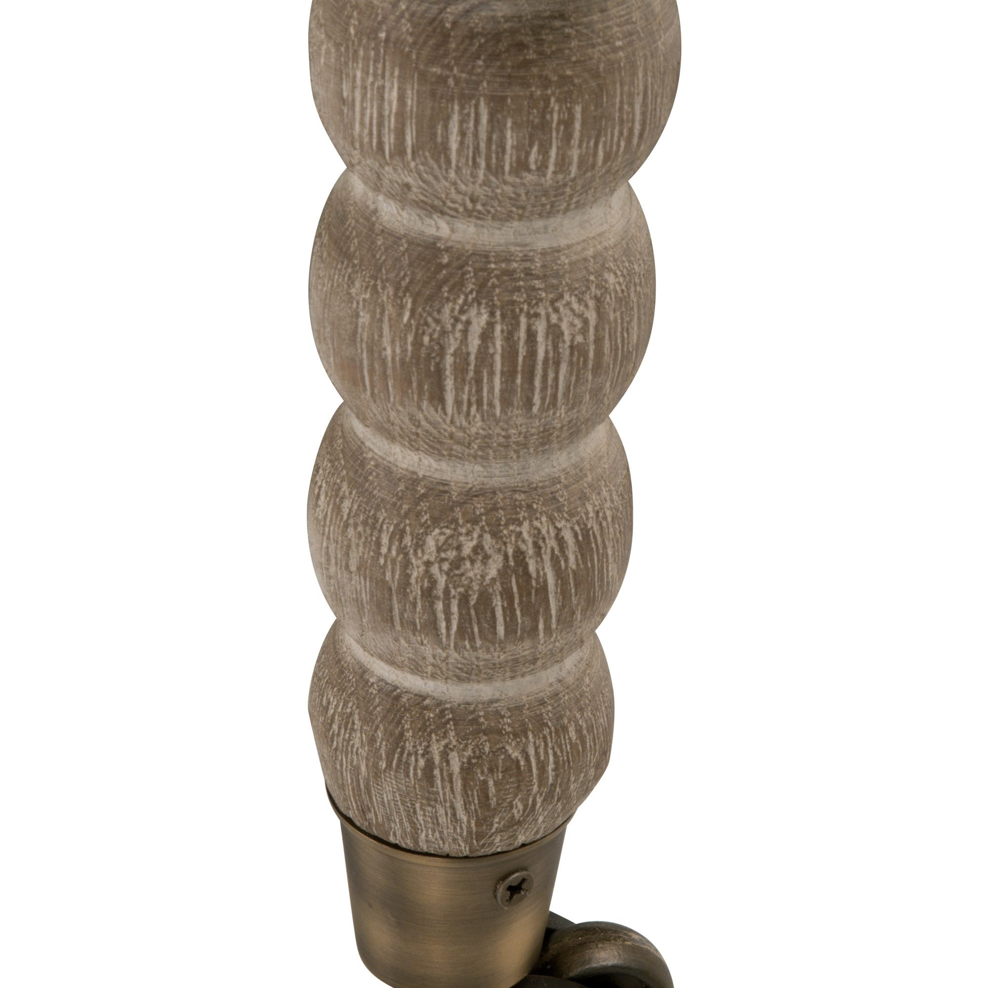 Close-up of hand-carved natural gray oak spool detailing on the arm of Essentials For Living Rouleau Club Chair.