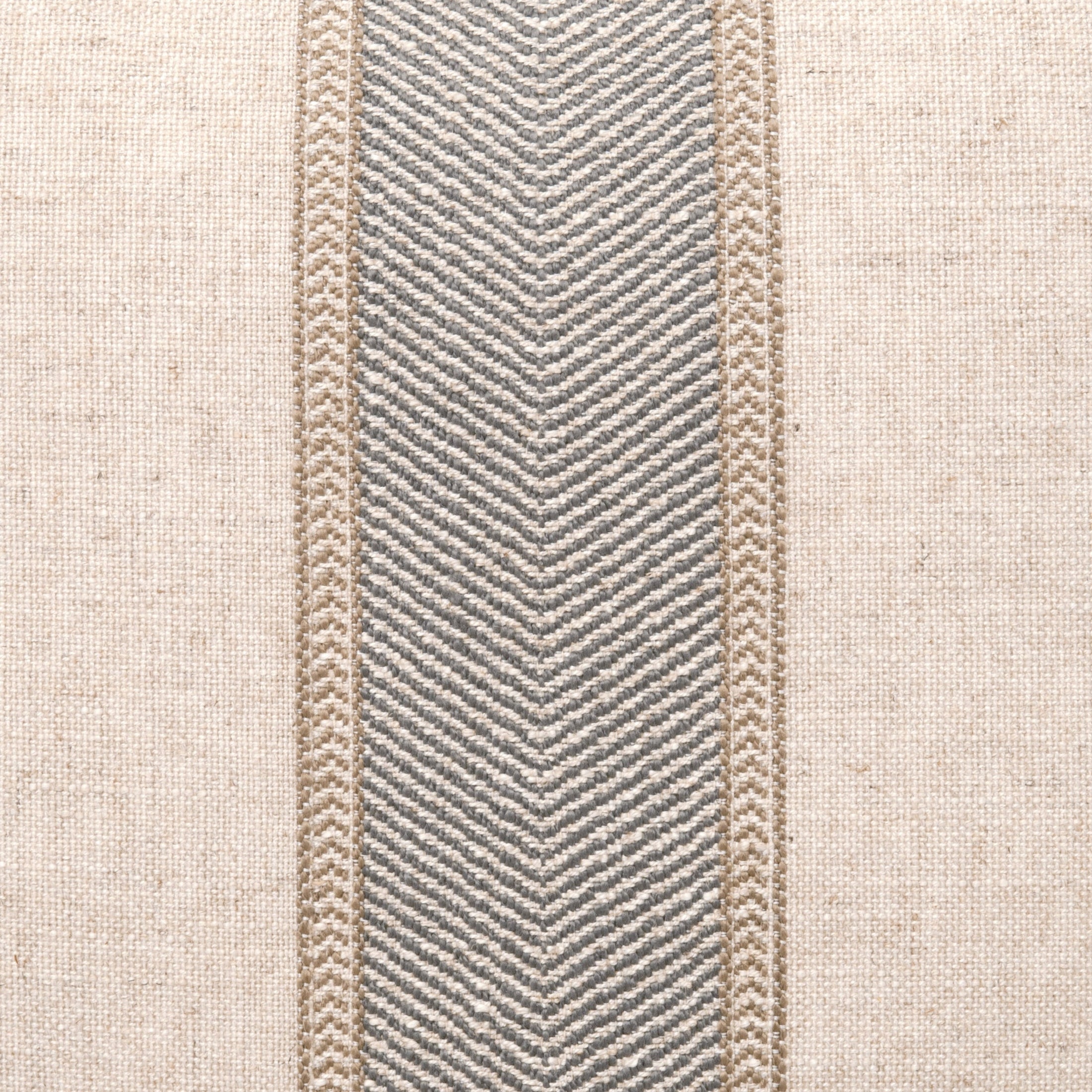 Close-up of fabric upholstery with a central gray herringbone stripe bordered by beige woven trim on natural linen background