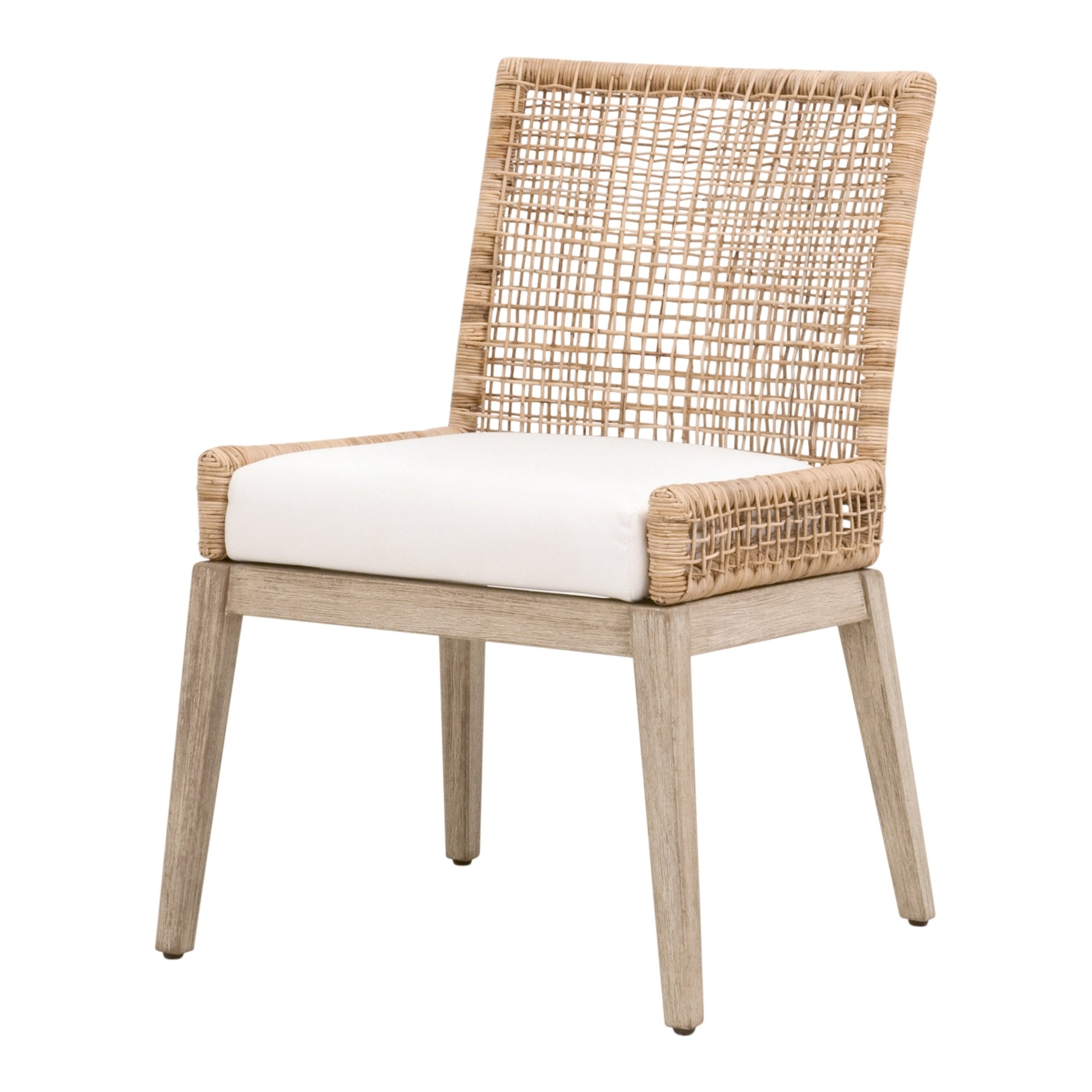 Essentials For Living Seaside Dining Chair with natural rattan back and cushioned seat on gray mahogany frame