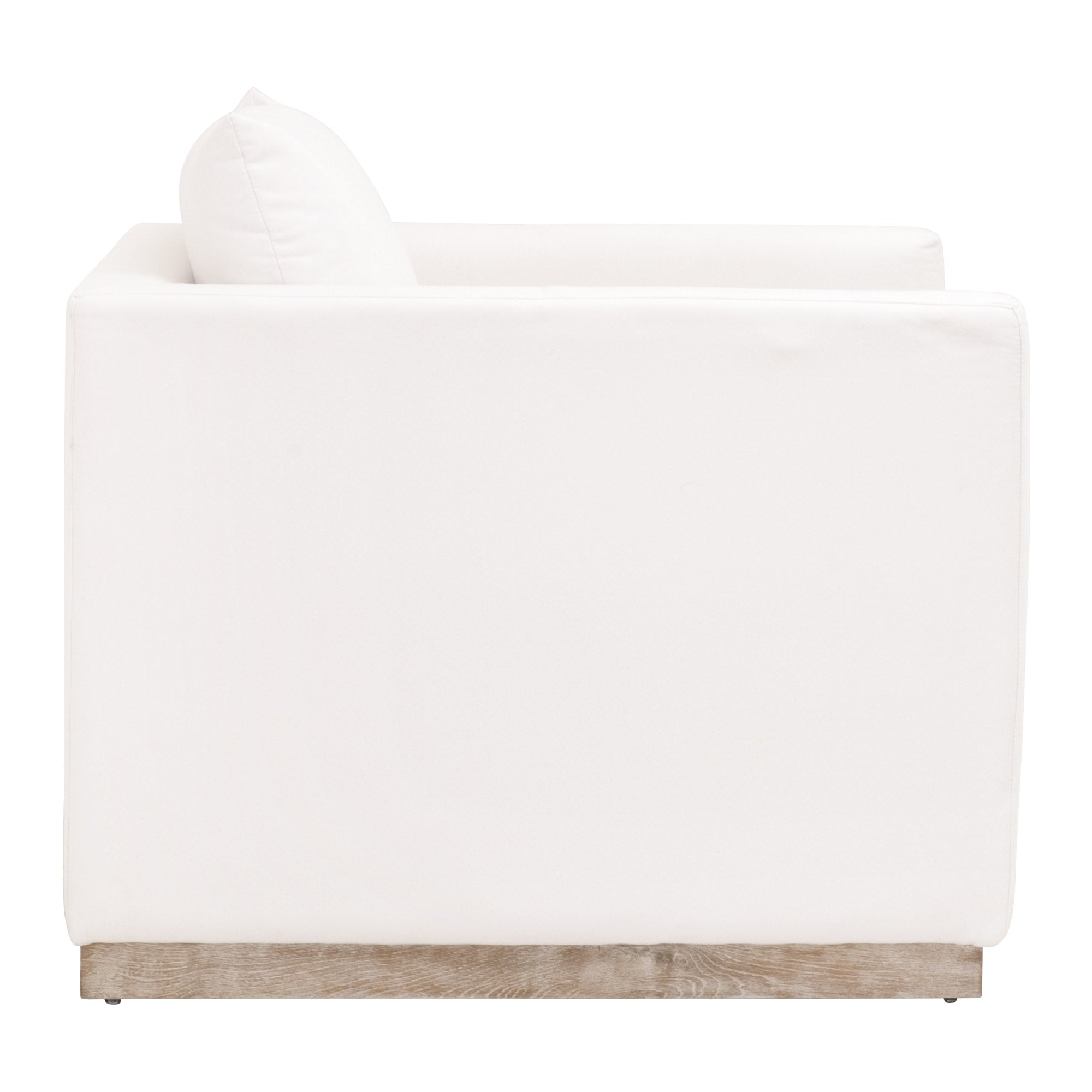 Side view of Siena Plinth Base Sofa Chair with ivory upholstery and natural gray oak base by Essentials for Living