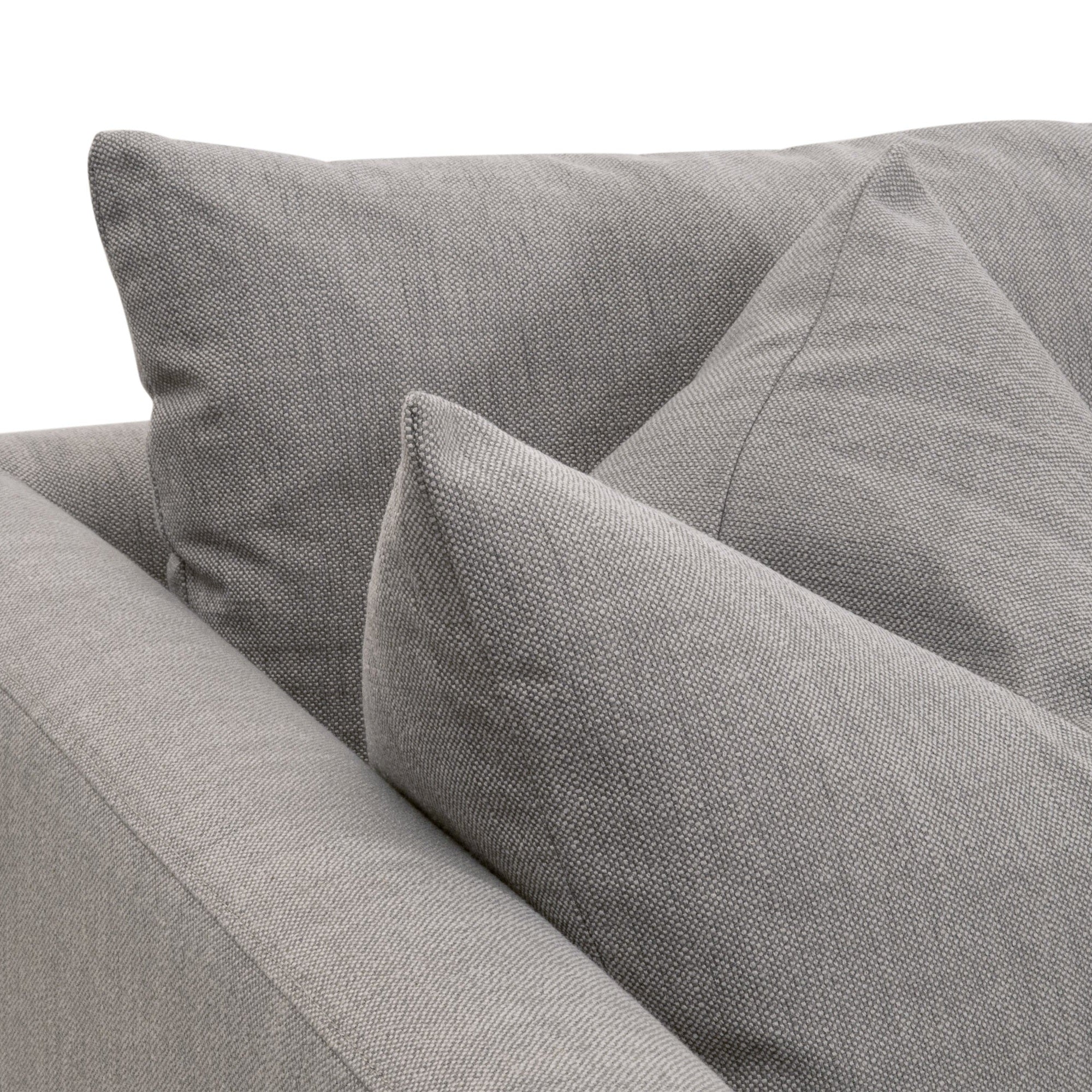 Close-up of gray textured fabric cushions on a modern sofa showcasing soft, durable upholstery and clean lines.