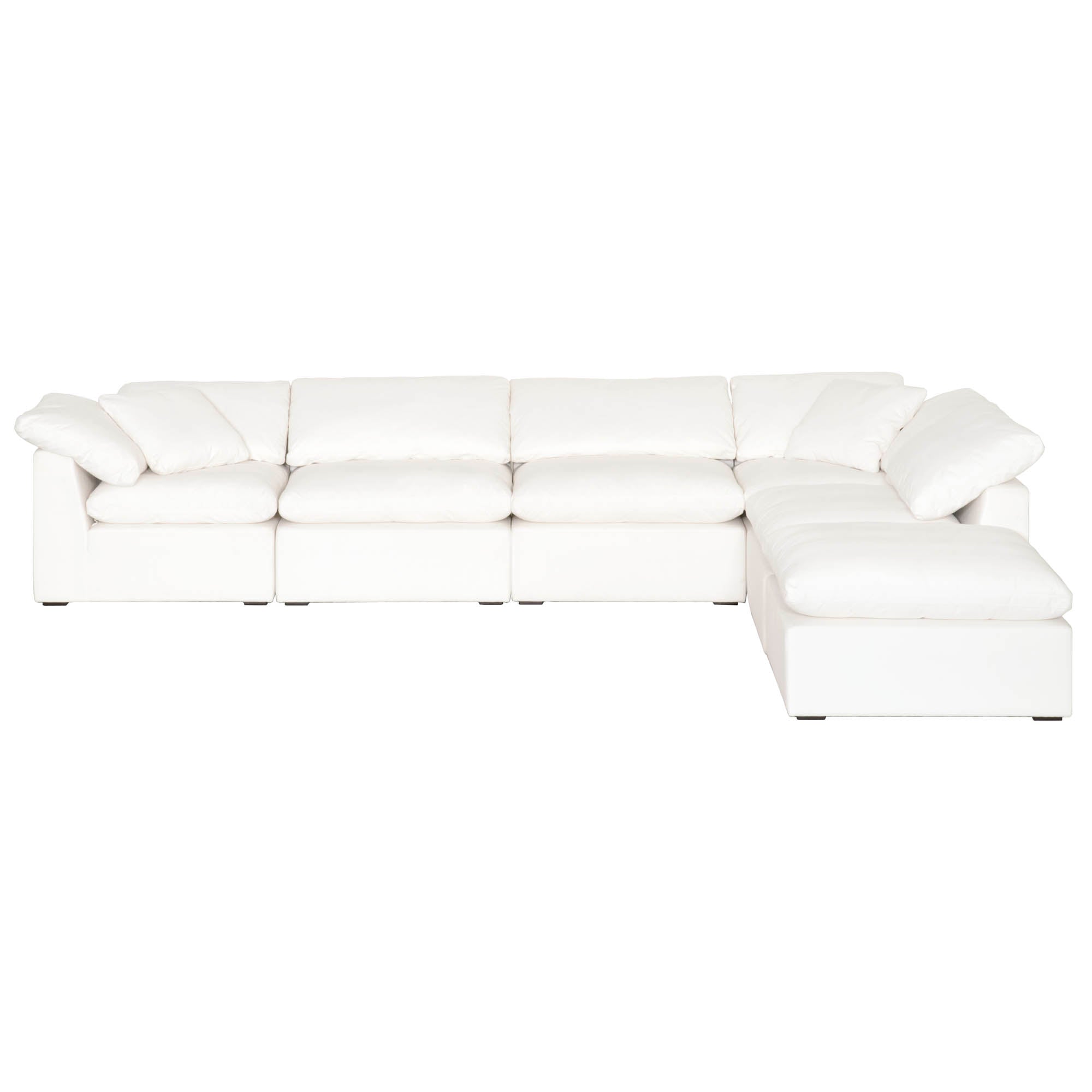 Large white modular sectional sofa with plush cushions and angled armrests, designed for spacious comfort and style
