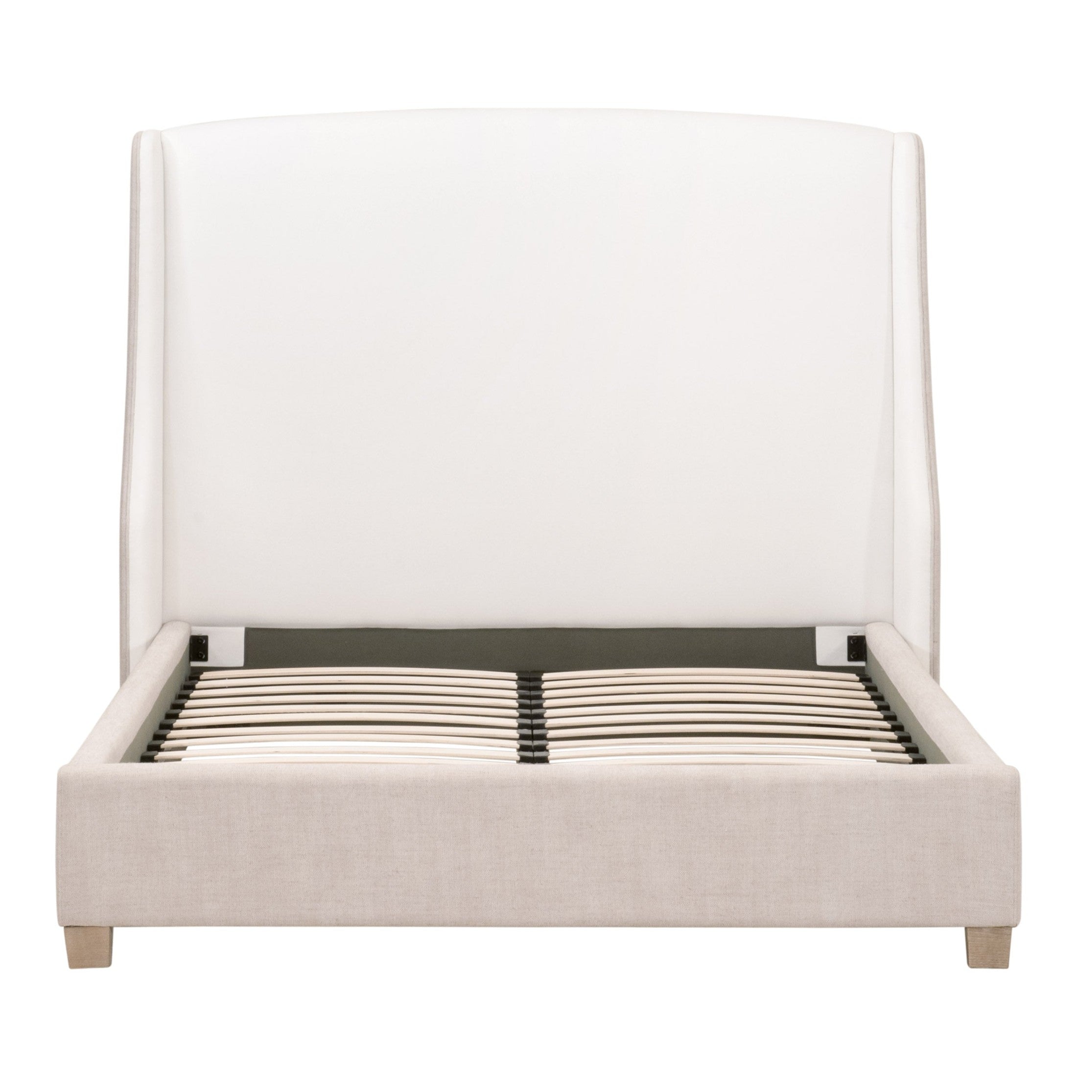 Sloan Queen Bed with upholstered headboard and bisque linen blend frame by Essentials For Living with natural gray oak legs
