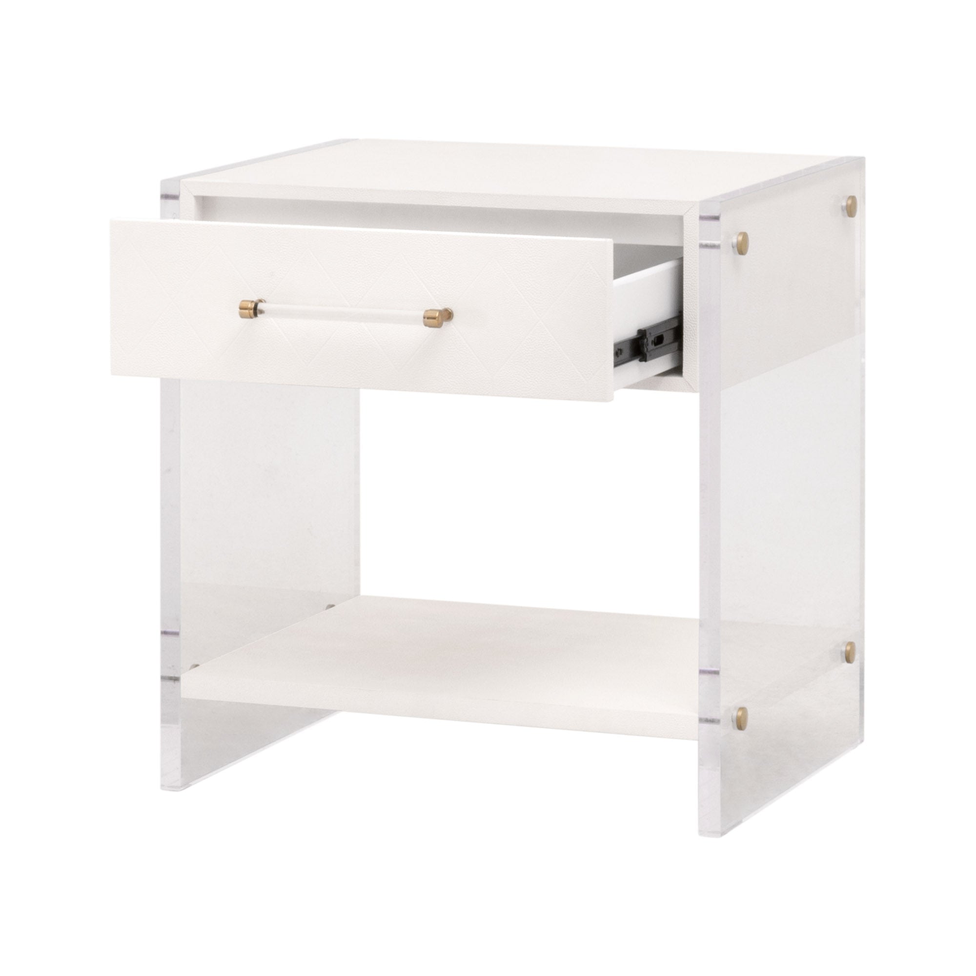 Pearl-white nightstand with open shelf, soft-close drawer, lucite sides, and brushed brass accents by Essentials For Living