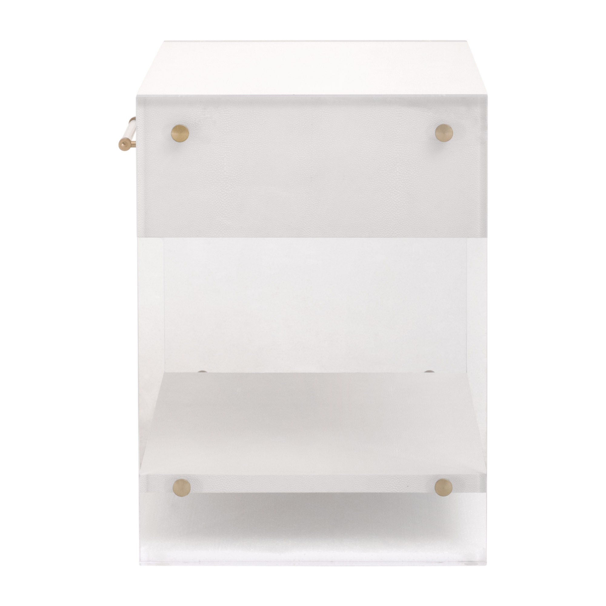 Pearl-white Sonia Shagreen nightstand with brass accents, acrylic sides, one drawer, and open lower shelf by Essentials for Living