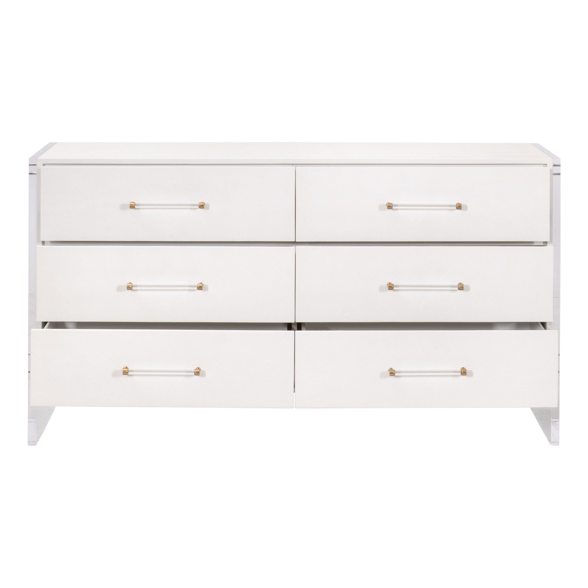 Pearl-white 6-drawer double dresser with clear acrylic handles and brushed brass accents by Essentials for Living