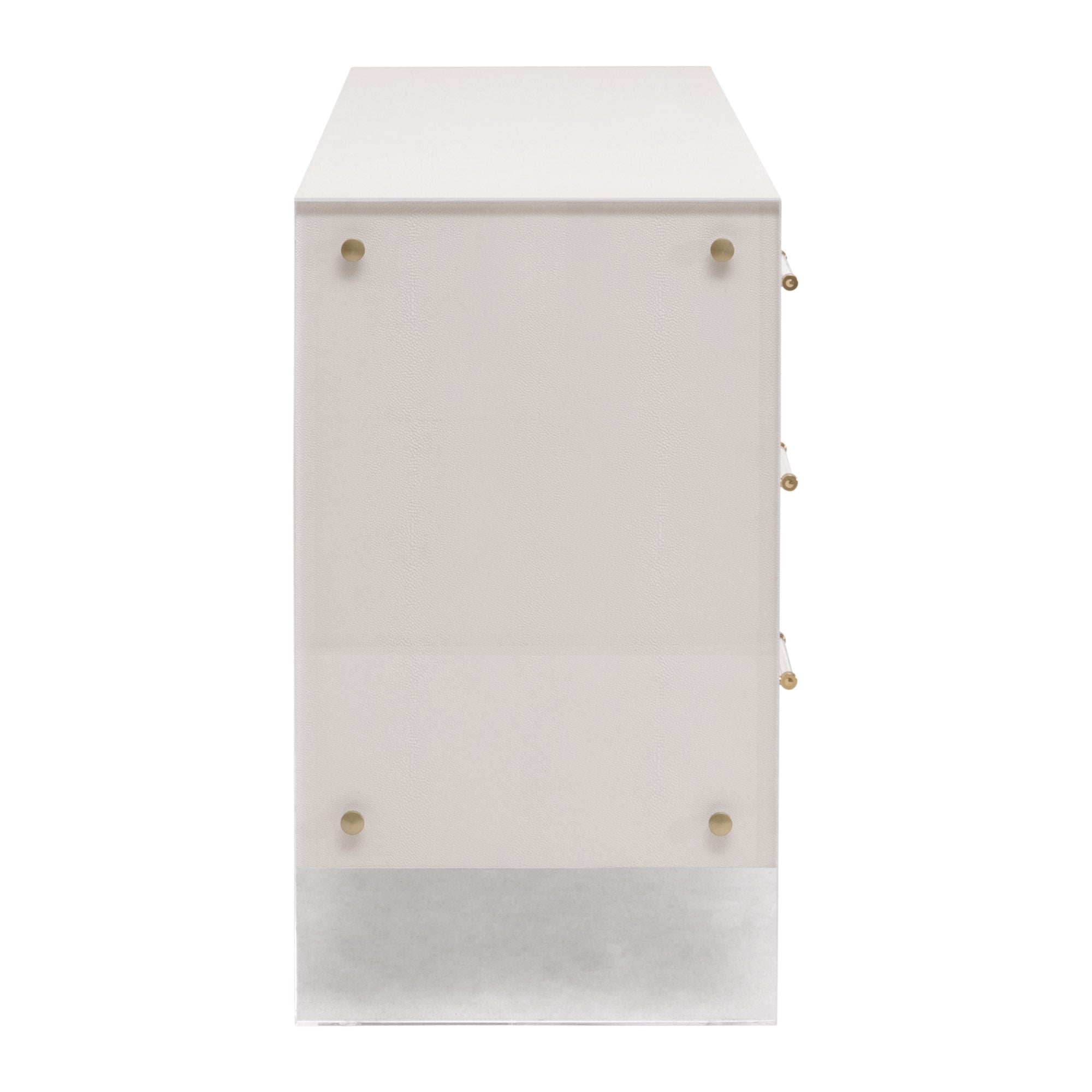 Side view of Essentials For Living Sonia Shagreen 6-drawer dresser with pearl faux shagreen and brass accents