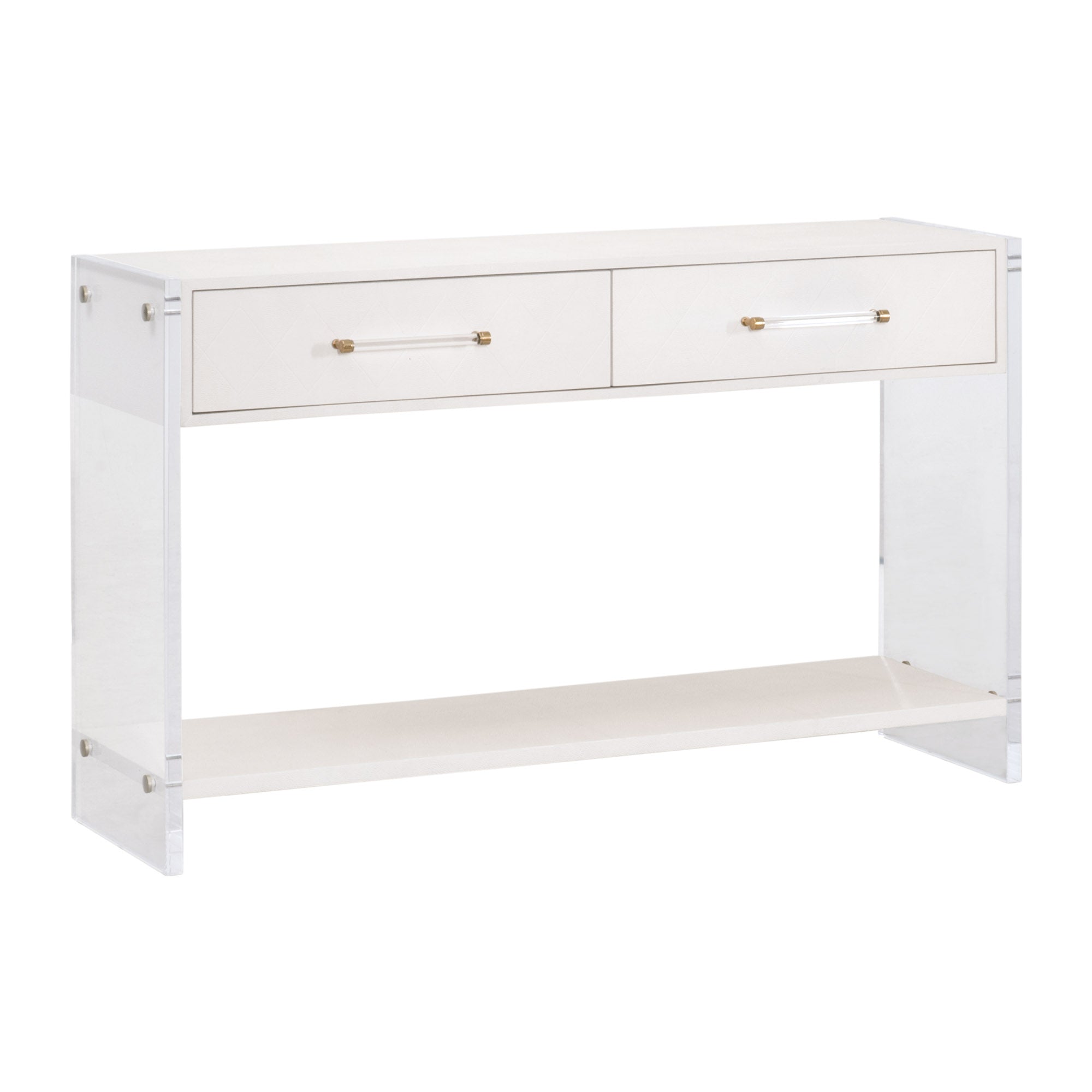 Sonia Shagreen Console Table by Essentials for Living with pearl faux shagreen, acrylic legs, brass accents, and open lower shelf.