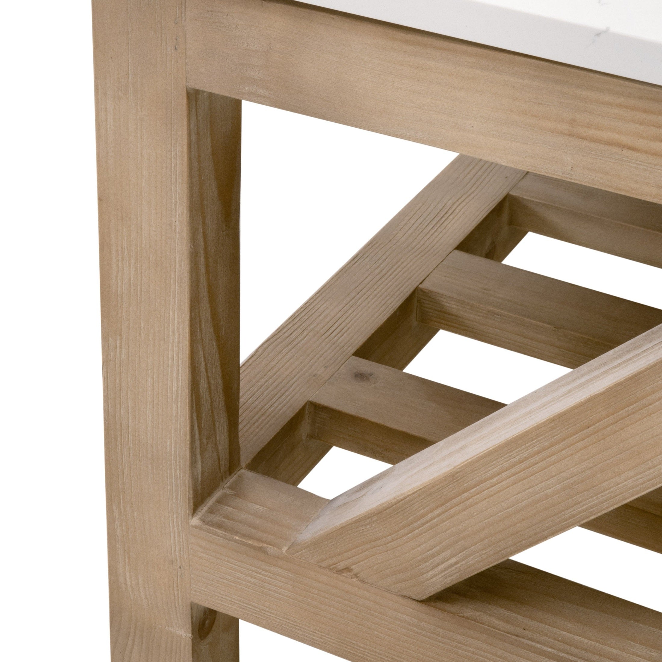 Close-up of smoke gray reclaimed pine wood trestle base from Essentials For Living Spruce Coffee Table