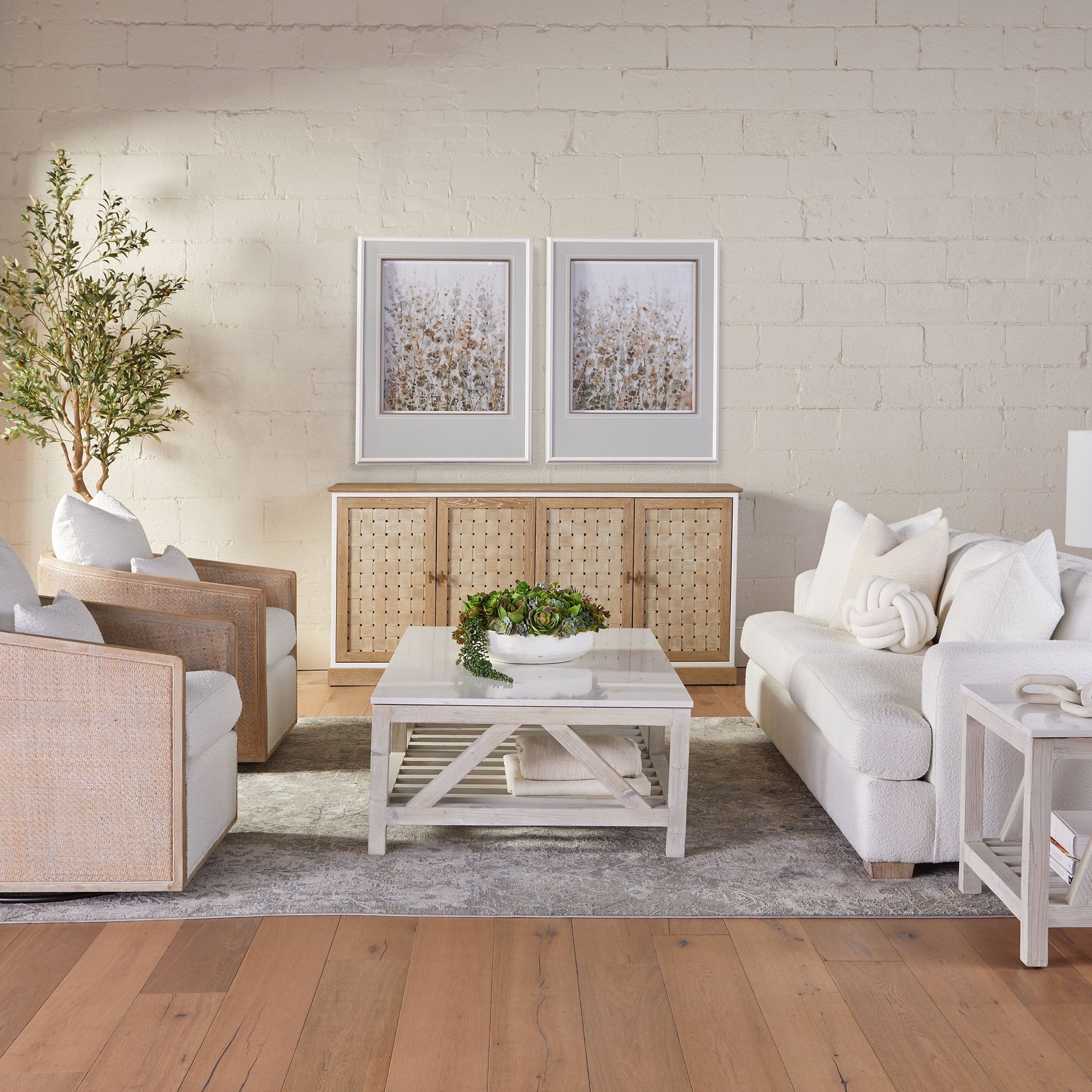 Essentials For Living Spruce Coffee Table with white and gray quartz top and smoke gray reclaimed pine base in modern farmhouse living room
