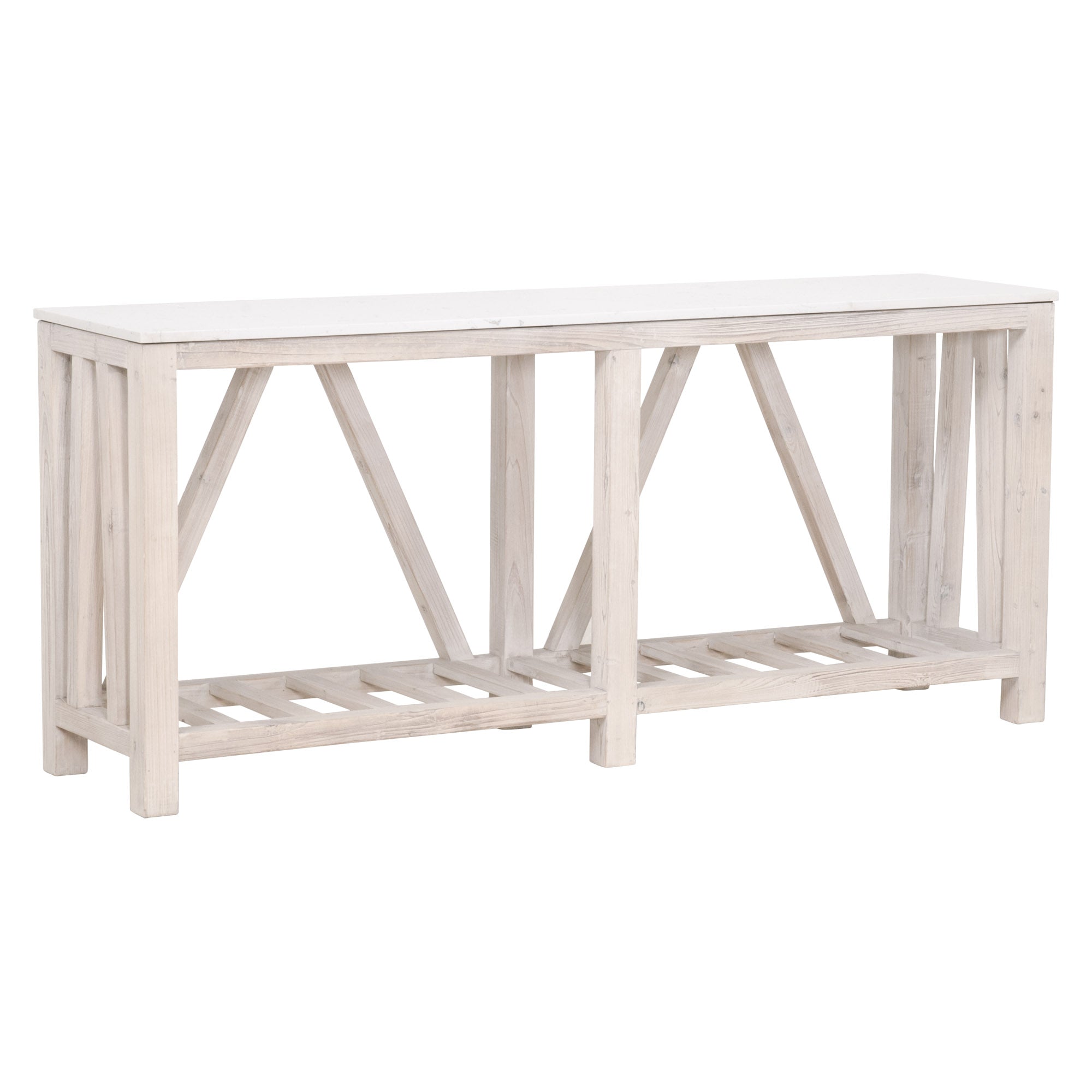 Essentials For Living Spruce Coffee Table with white quartz top and light reclaimed wood farmhouse style base