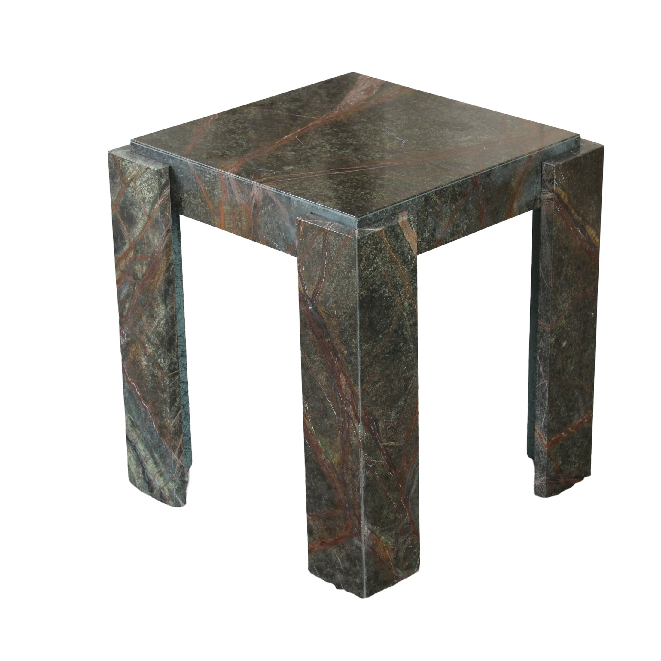 St Barths Side Table in green rainforest marble with unique veining, slender rectangular shape by GO HOME