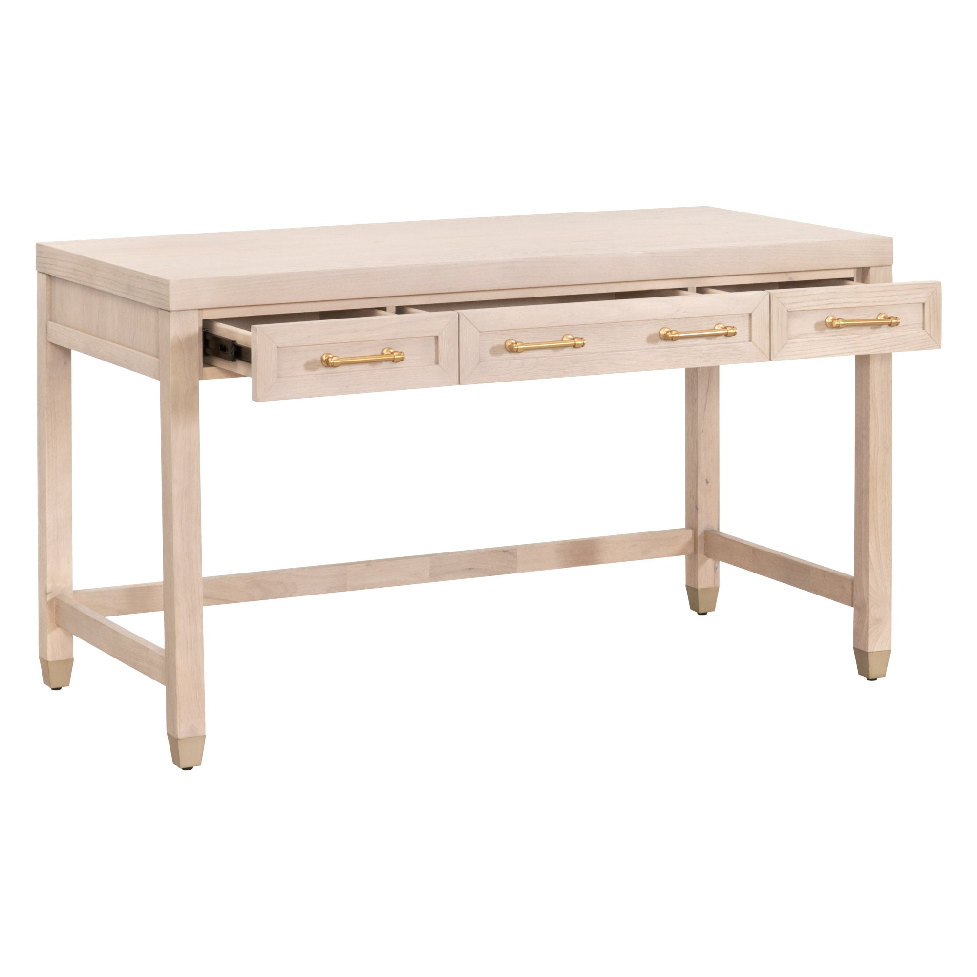 Essentials for Living Stella Desk in light wood finish with three drawers featuring brass handles and tapered legs