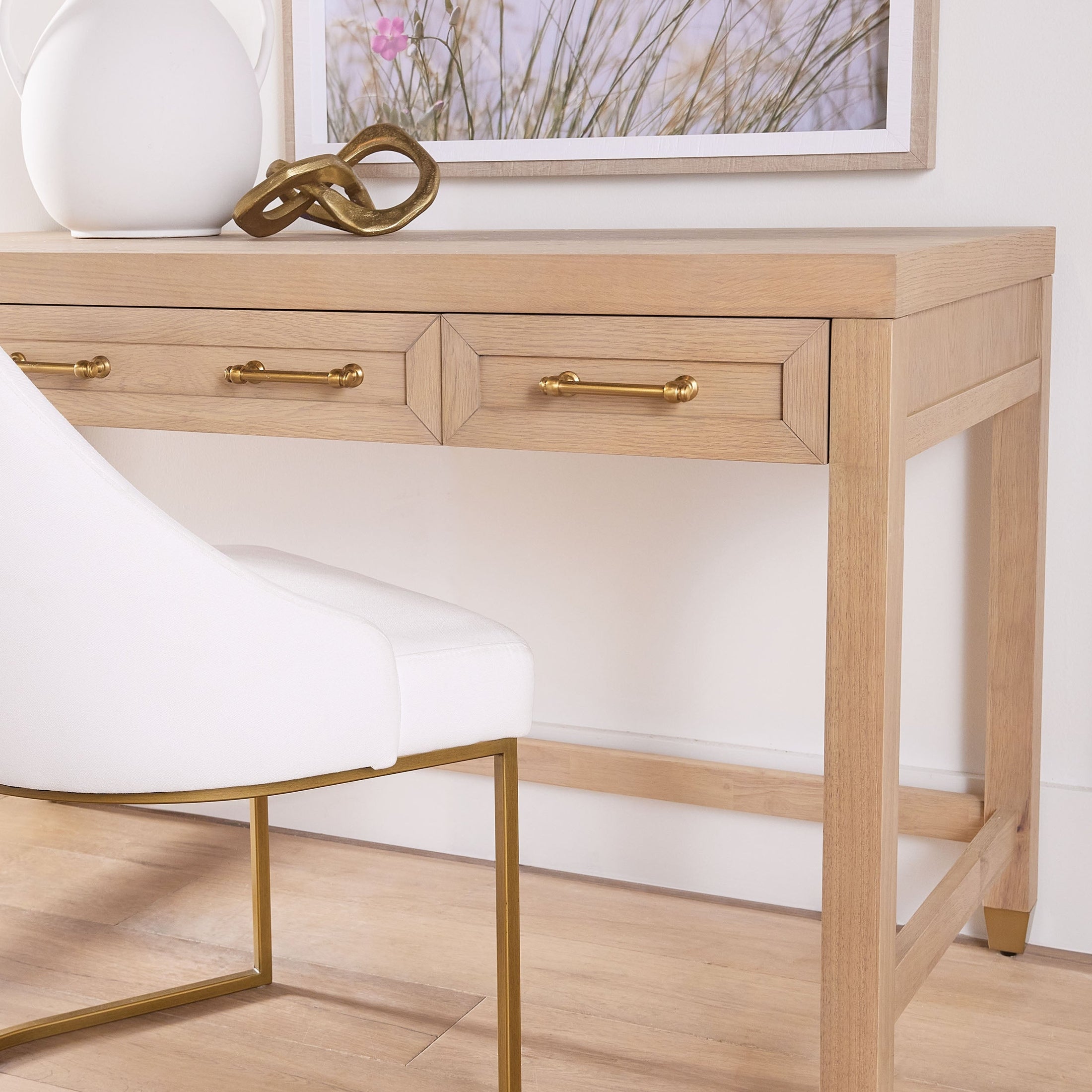 Stella Desk by Essentials For Living featuring solid wood construction and brushed brass handles in a modern workspace setting
