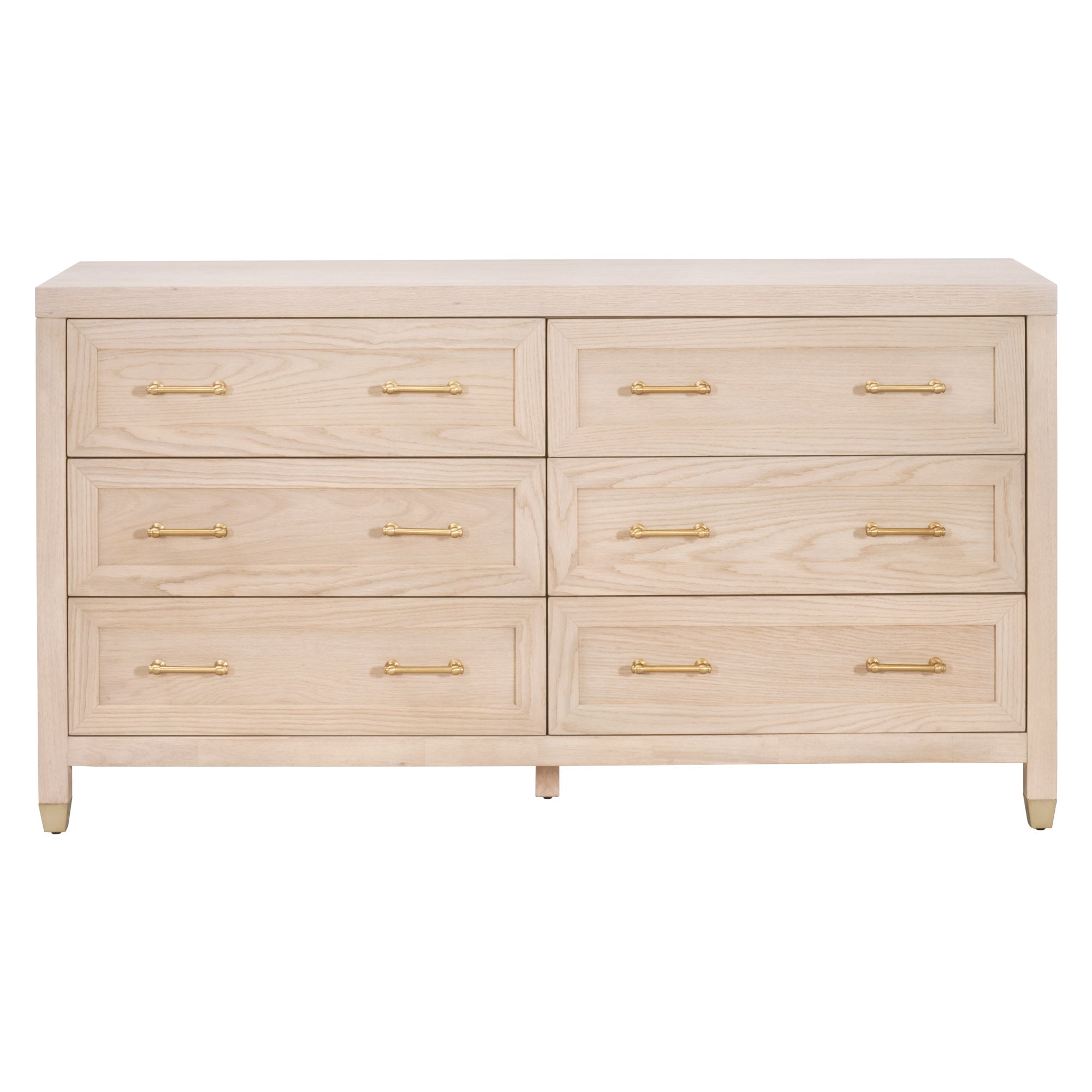 Essentials for Living Stella six-drawer double dresser in light wood with gold handles and feet, clean design