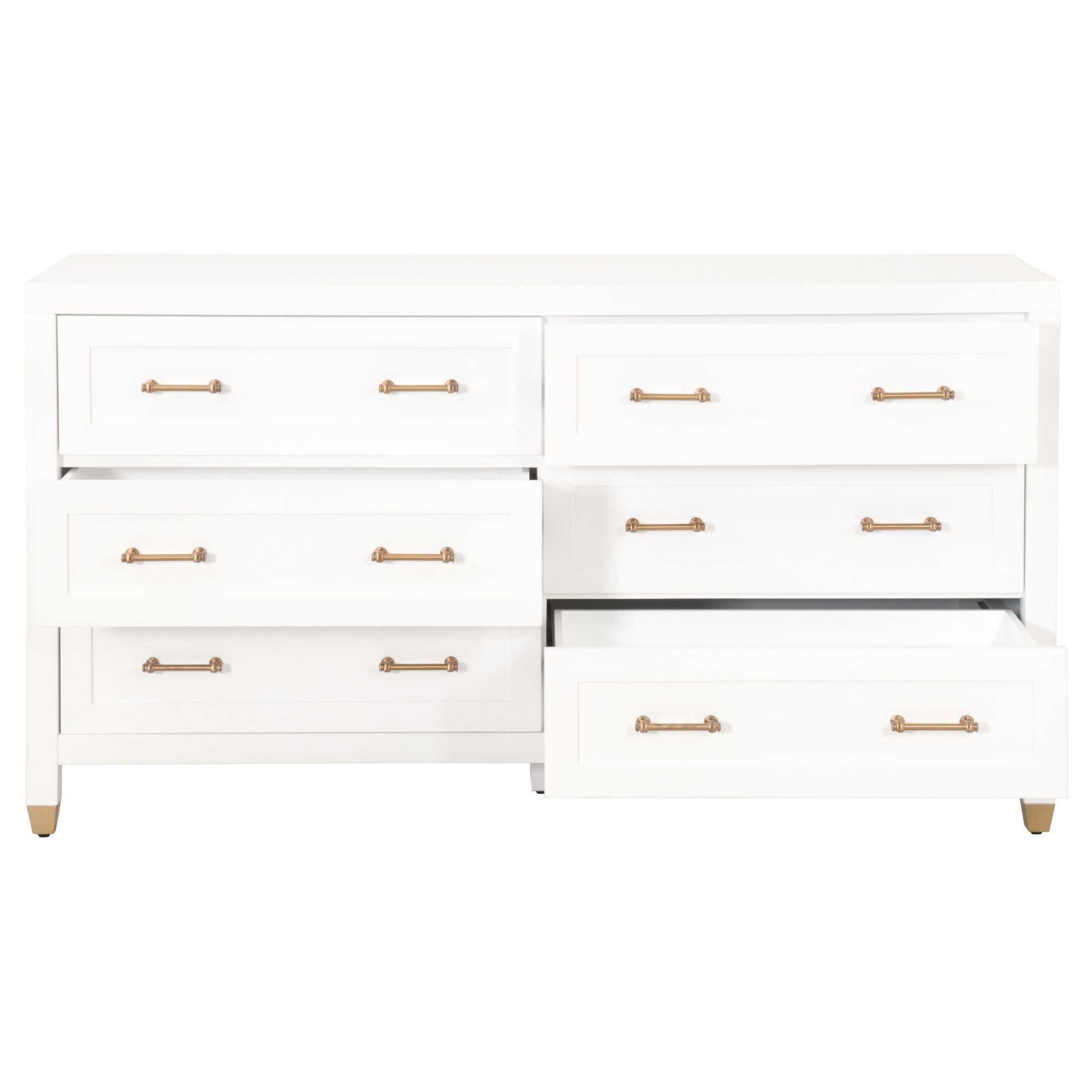 Essentials for Living Stella 6-drawer white dresser with brushed brass handles and open drawers showing storage space