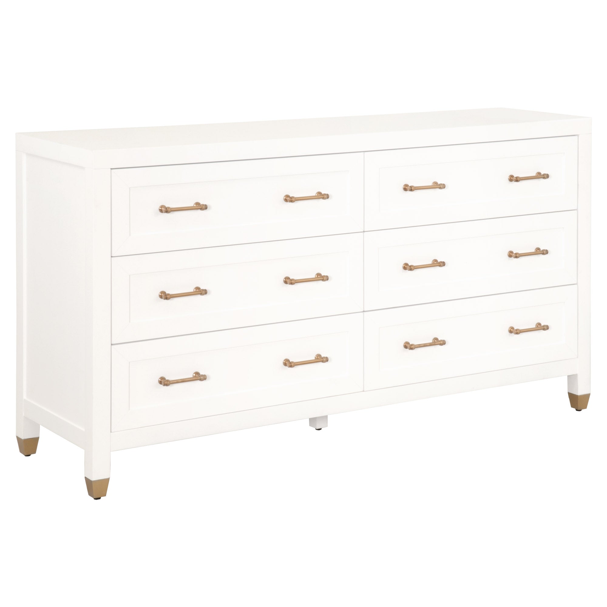 Essentials For Living Stella 6-drawer double dresser in matte white with brushed brass handles and feet