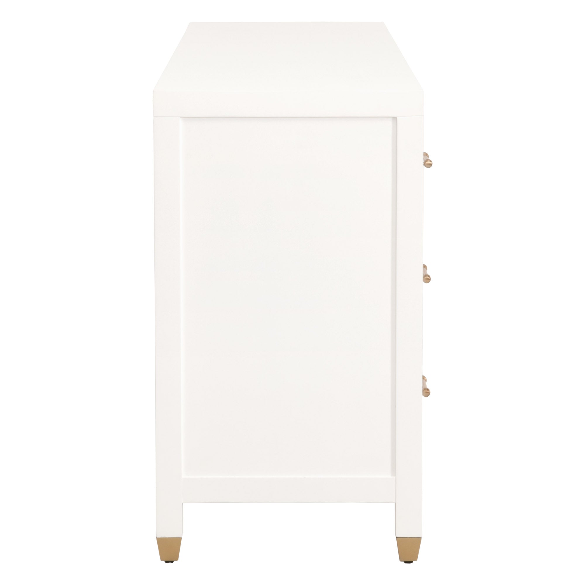 Side view of Essentials For Living Stella 6-drawer double dresser in matte white lacquer with brass accents