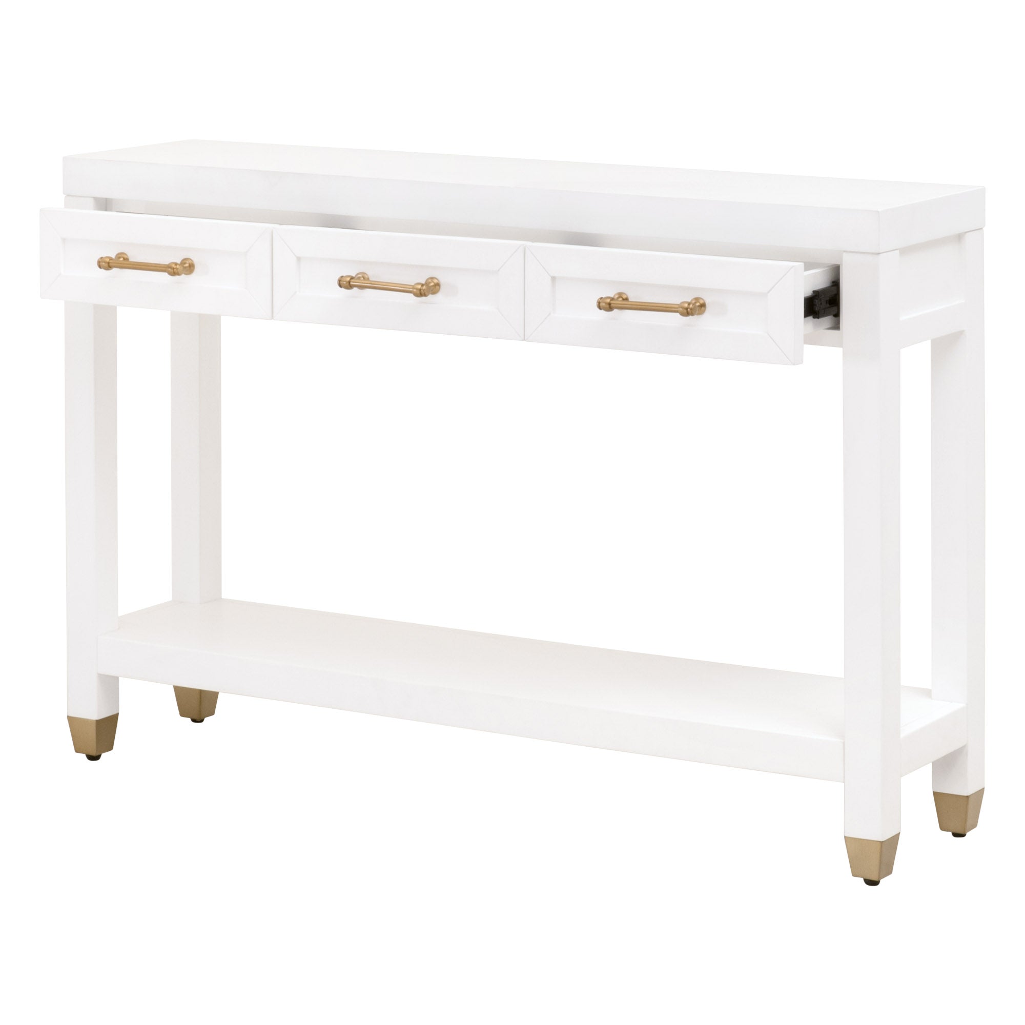 White narrow console table with three drawers, brass hardware, and lower shelf for storage or decor