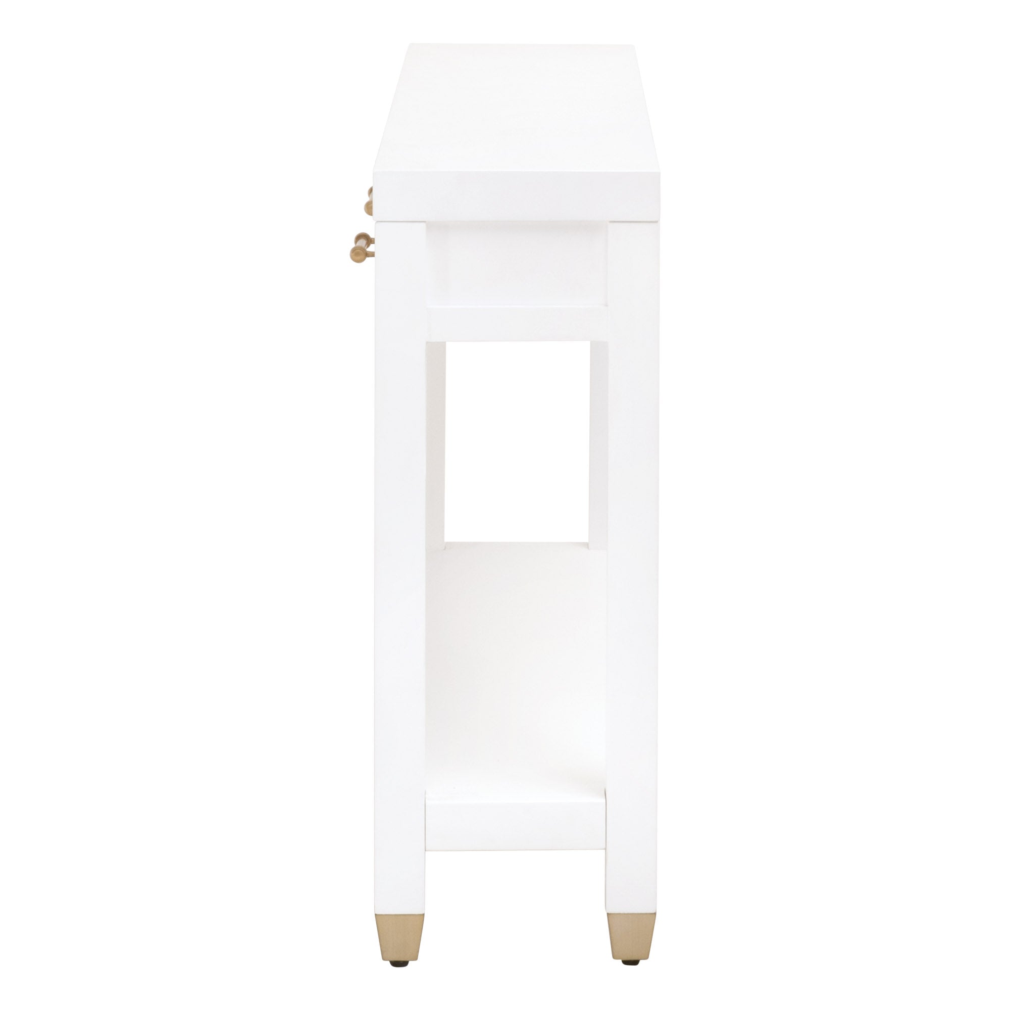 Side view of Stella Narrow Console Table in light honey oak with brass hardware and lower shelf by Essentials for Living