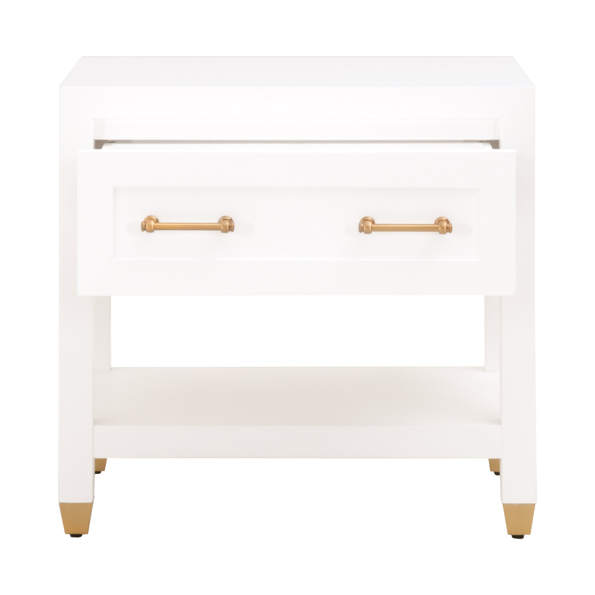 Essentials For Living Stella nightstand in matte white lacquer with brushed brass hardware and lower storage shelf