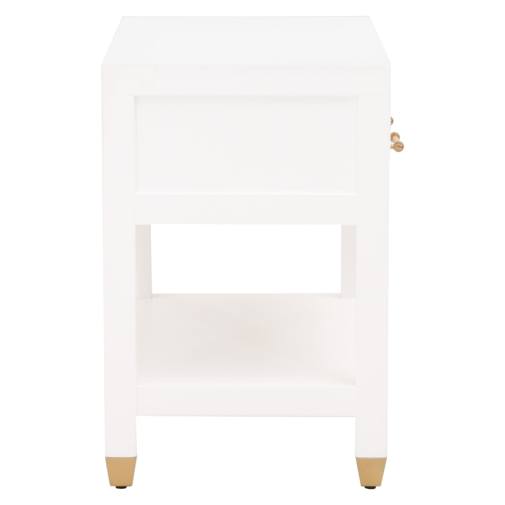 White Stella 1-Drawer Nightstand with brushed brass hardware and lower shelf by Essentials for Living