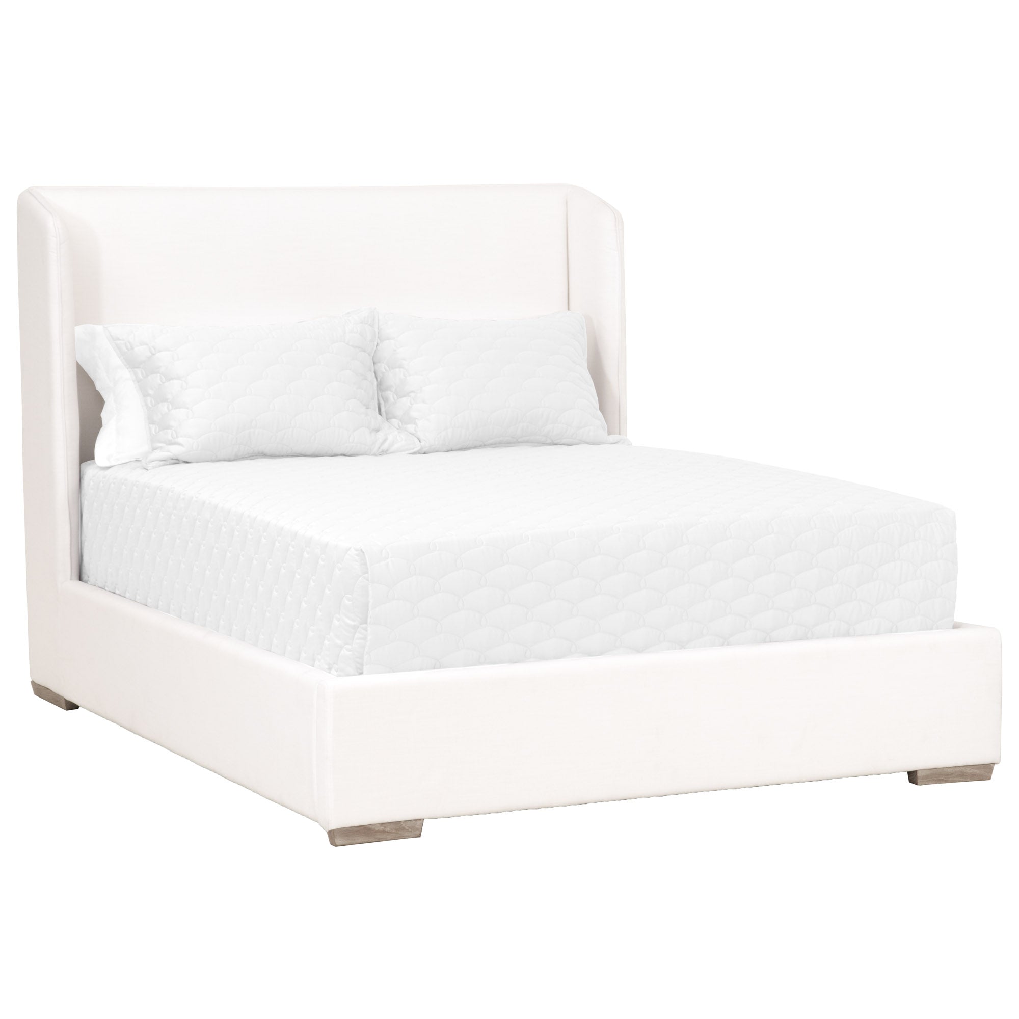 Essentials for Living Stewart Queen Bed with upholstered wingback headboard and natural gray oak feet in light fabric finish