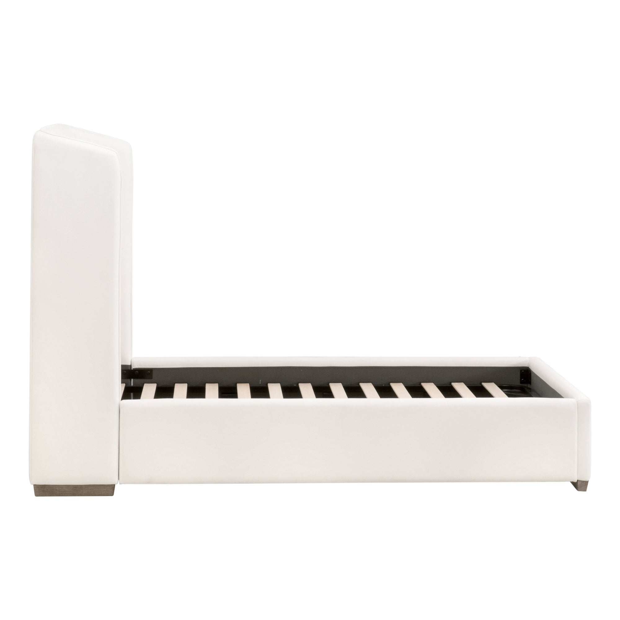 Side view of Essentials For Living Stewart Twin Bed with white upholstered frame and wingback headboard