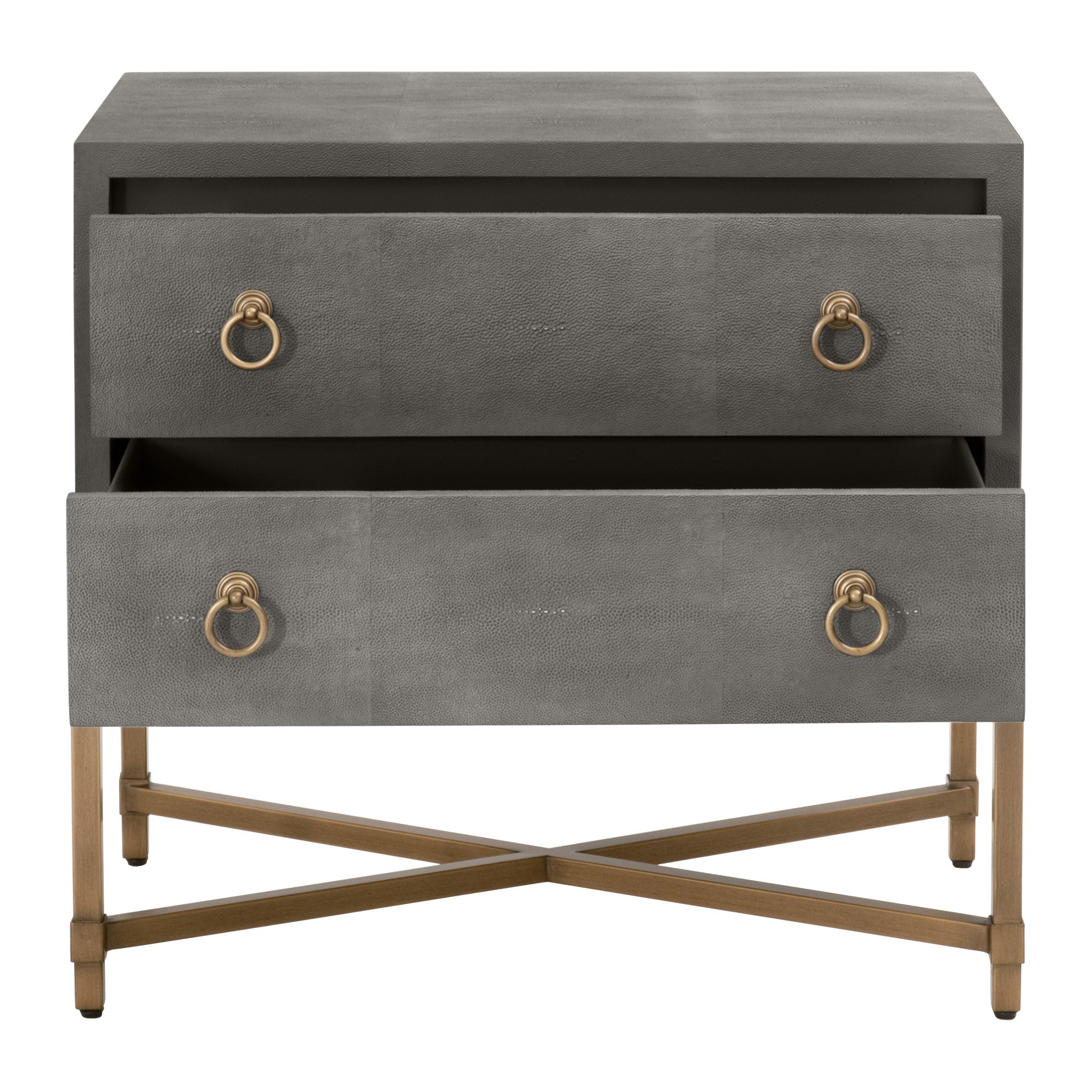 Essentials for Living Strand Shagreen 2-drawer nightstand with gray faux shagreen finish and brushed gold base