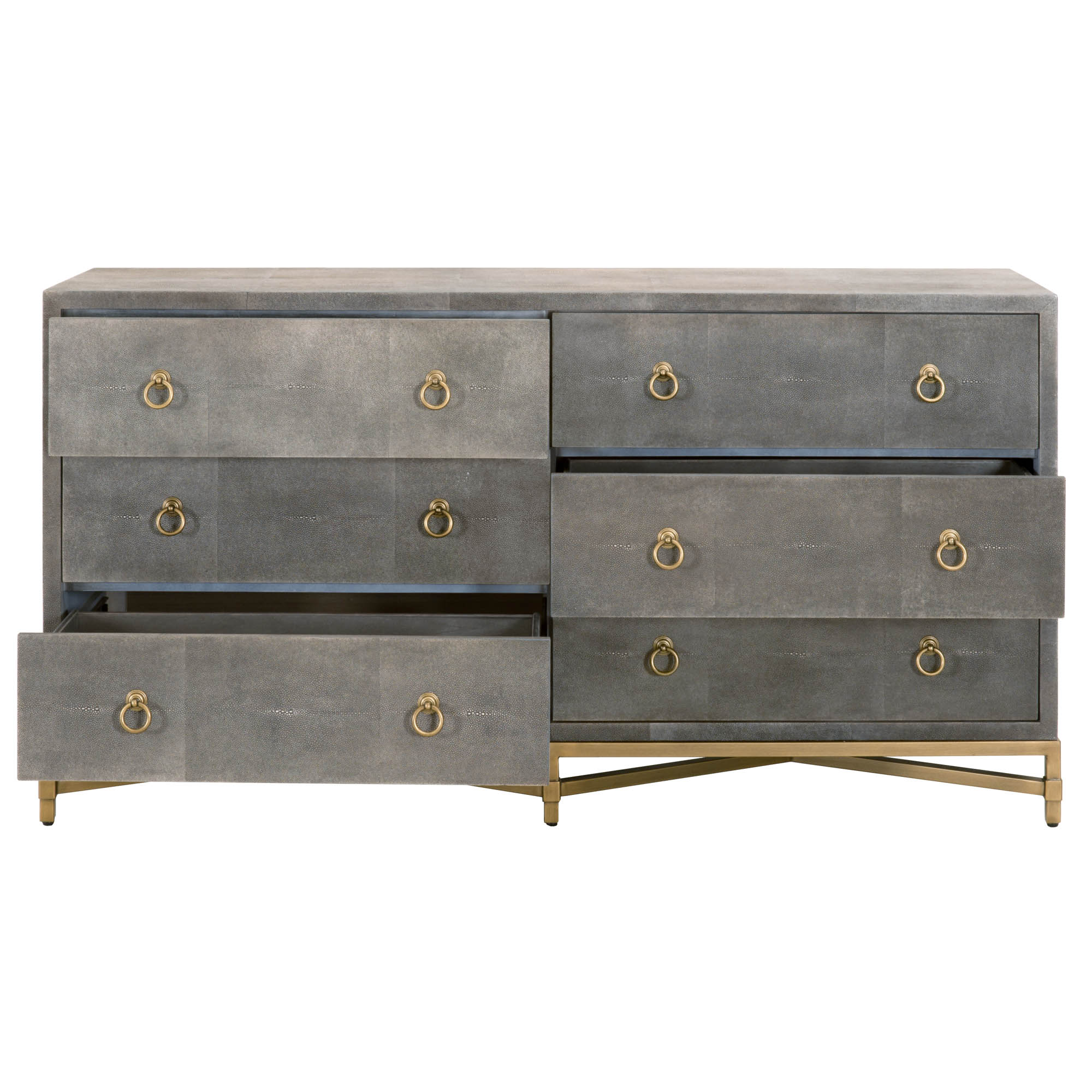 Essentials for Living Strand Shagreen double dresser with six drawers and gold ring pulls on X-shaped base