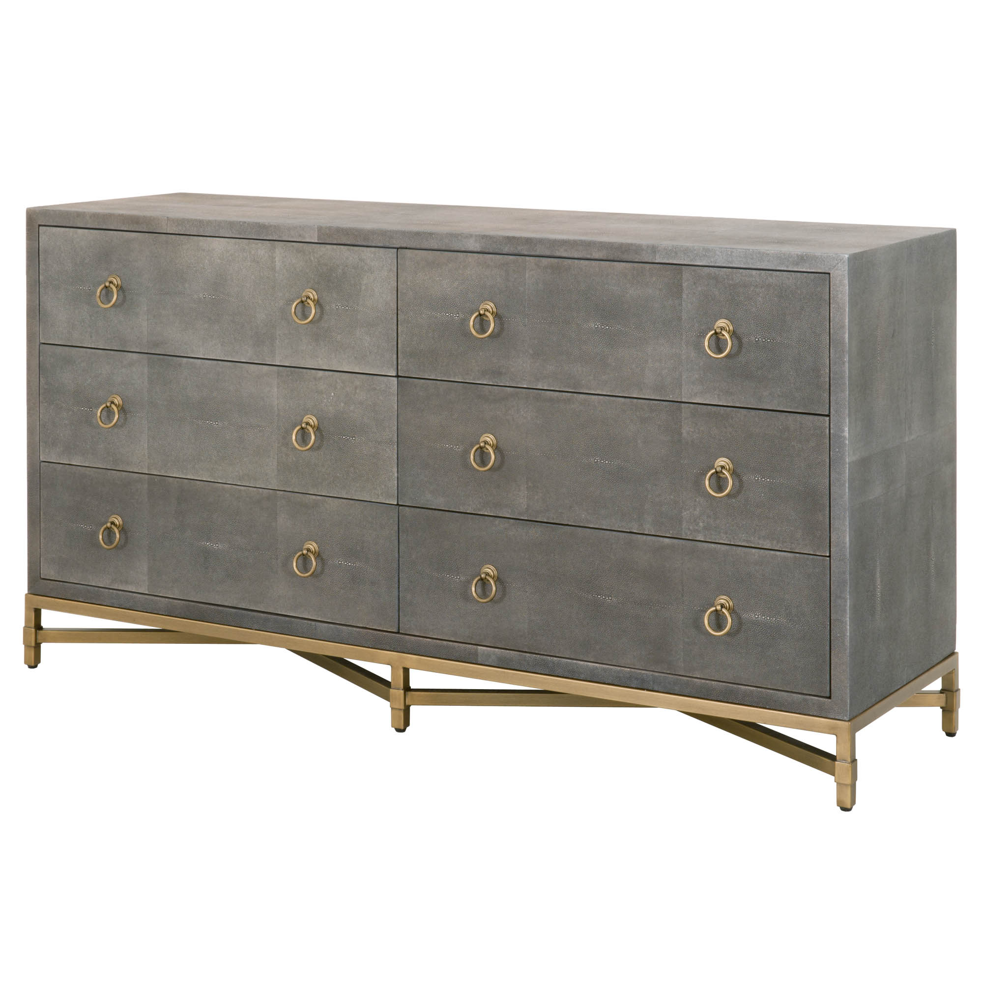 Large six-drawer modern dresser with gold ring pulls and X-shaped metal base in brushed gold finish