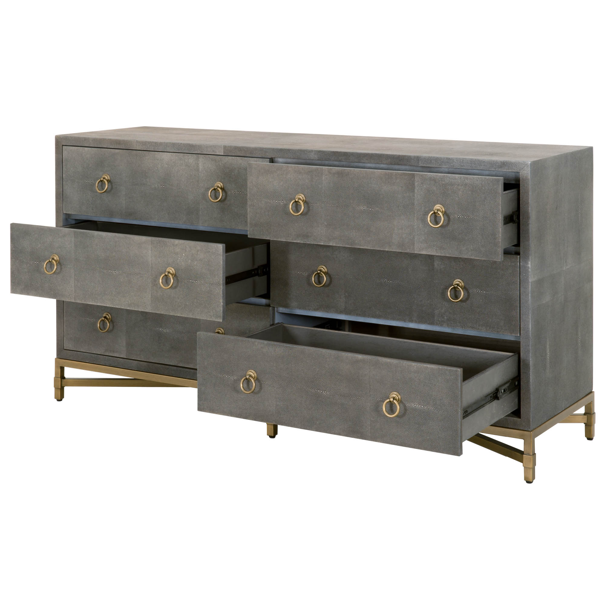Essentials for Living gray dresser with six open drawers and gold ring pulls on gold metal base