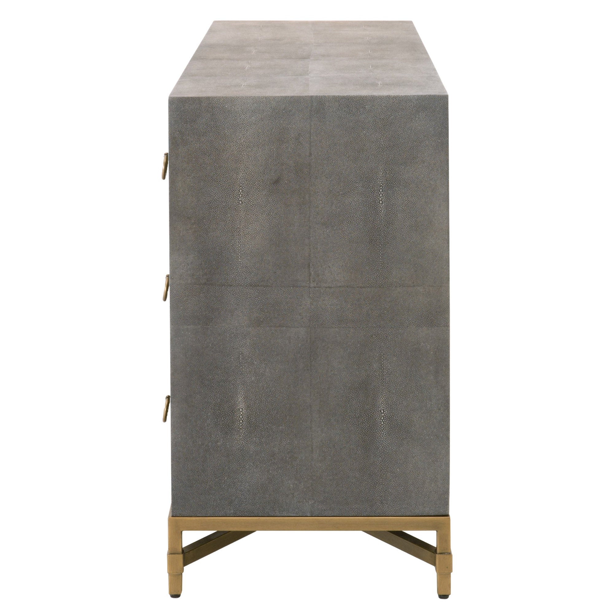 Side view of Strand Shagreen 6-drawer double dresser with faux shagreen finish and brushed gold base by Essentials for Living.