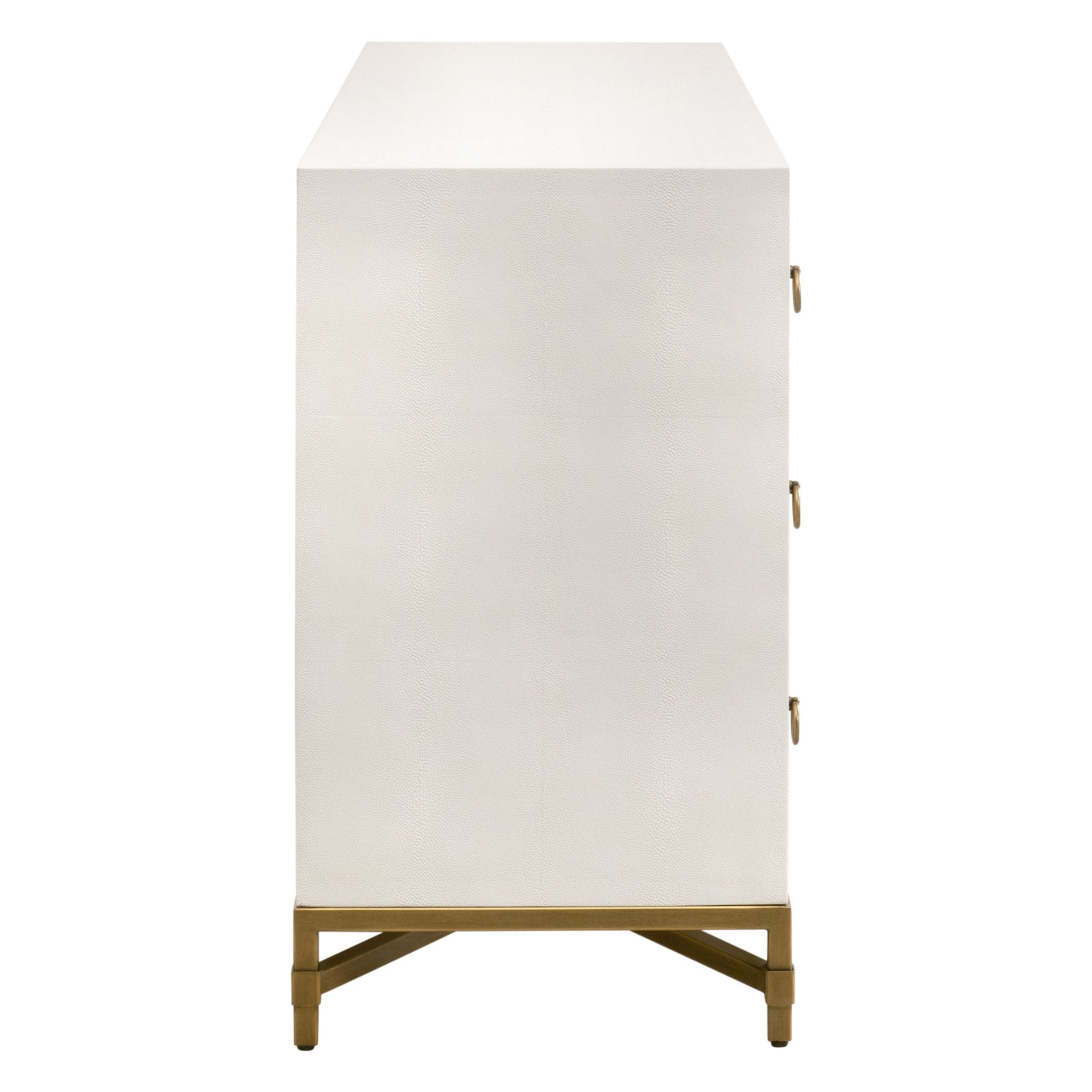 Side view of pearl white Strand Shagreen 6-drawer double dresser with gold X-shaped base by Essentials For Living