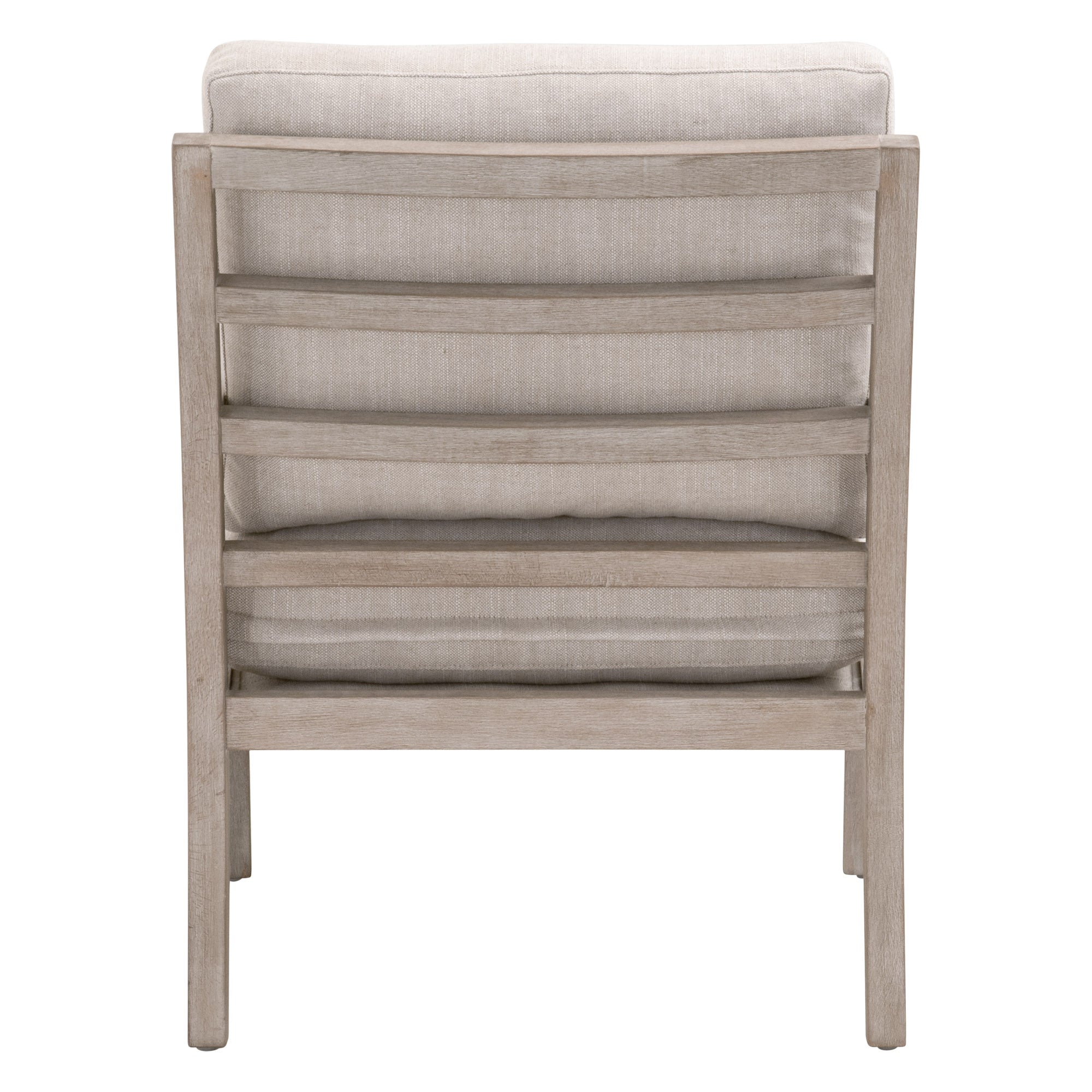 Back view of Stratton Club Chair with natural gray beech frame and soft white boucle cushions by Essentials for Living