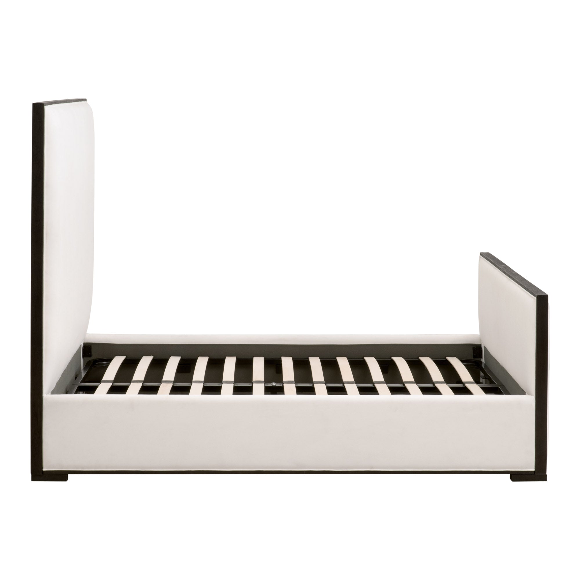 Tailor Standard King Bed by Essentials For Living with white upholstery and matte brown oak trim against white background