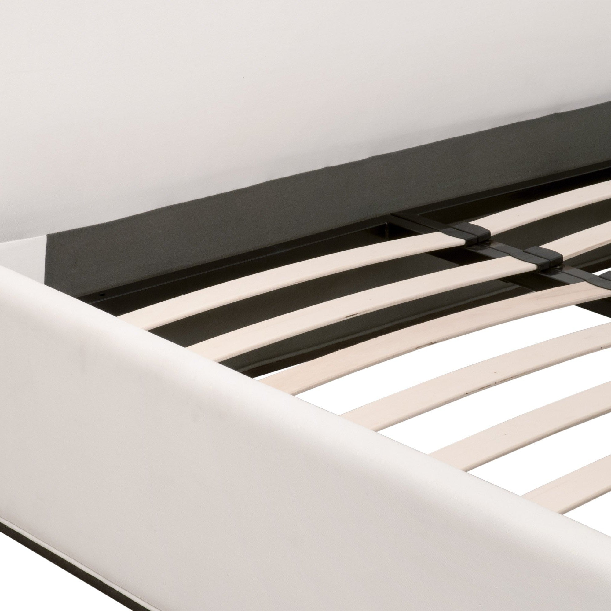 Close-up of the Tailor Standard King Bed’s European slat system and upholstered frame by Essentials For Living