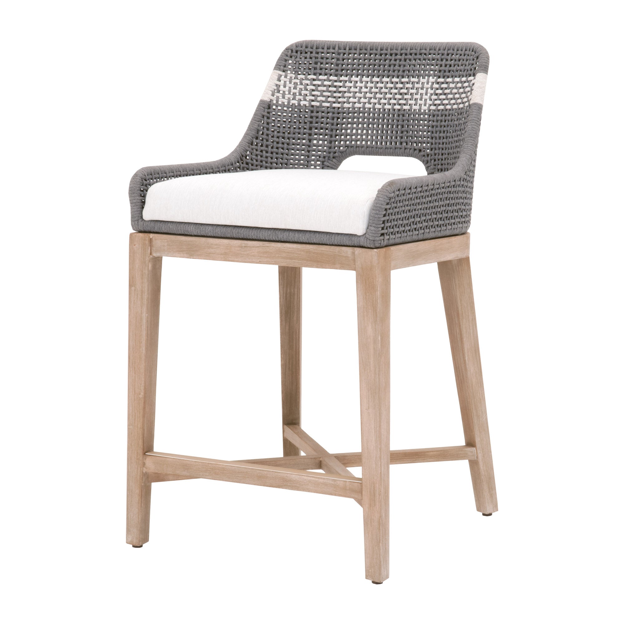 Tapestry Counter Stool by Essentials For Living with gray woven seat, pumice cushion, and natural wood frame with X stretcher base