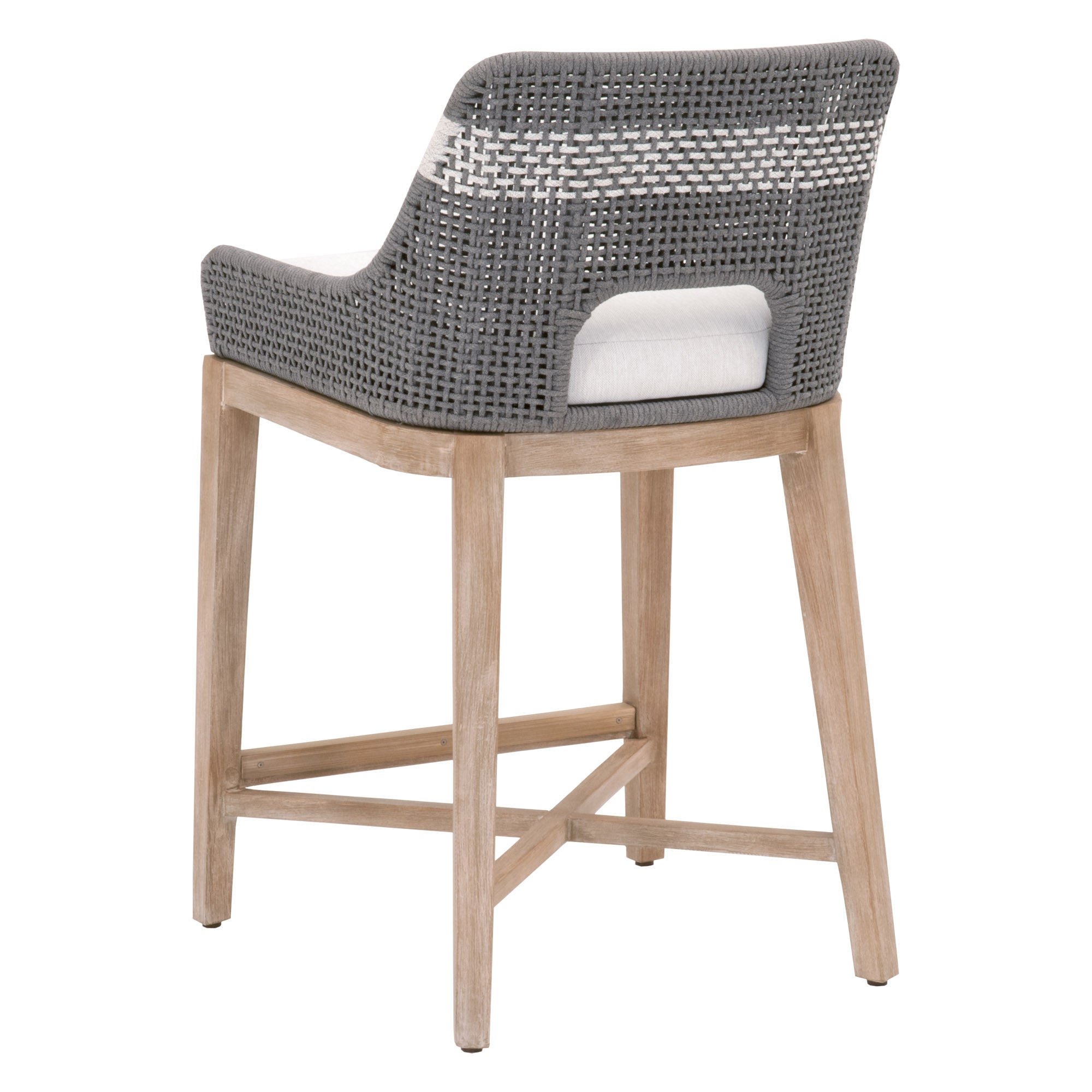 Essentials for Living Tapestry Counter Stool with gray woven rope back and natural gray mahogany wood base