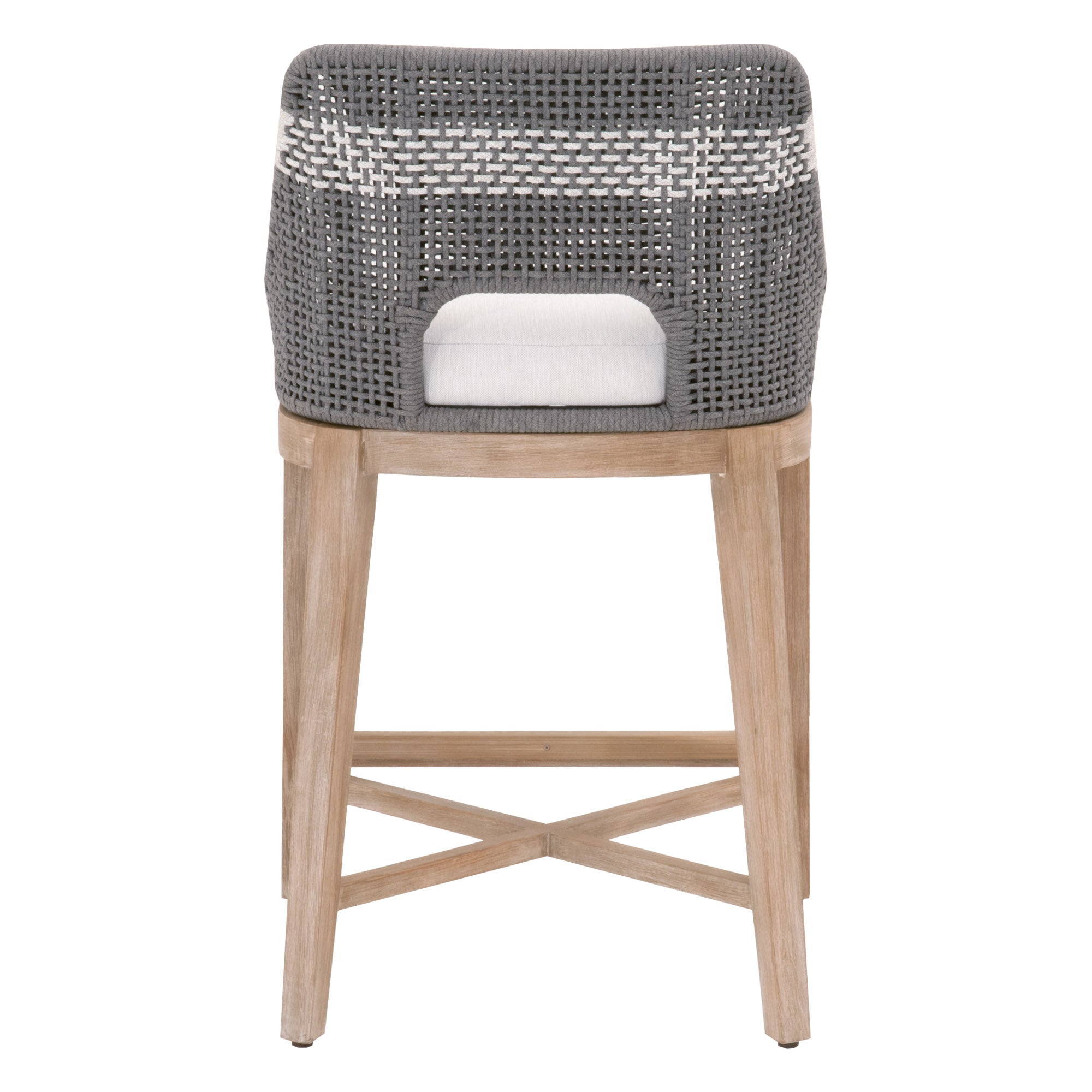Essentials for Living counter stool with gray woven rope back and natural wood frame featuring an X stretcher base