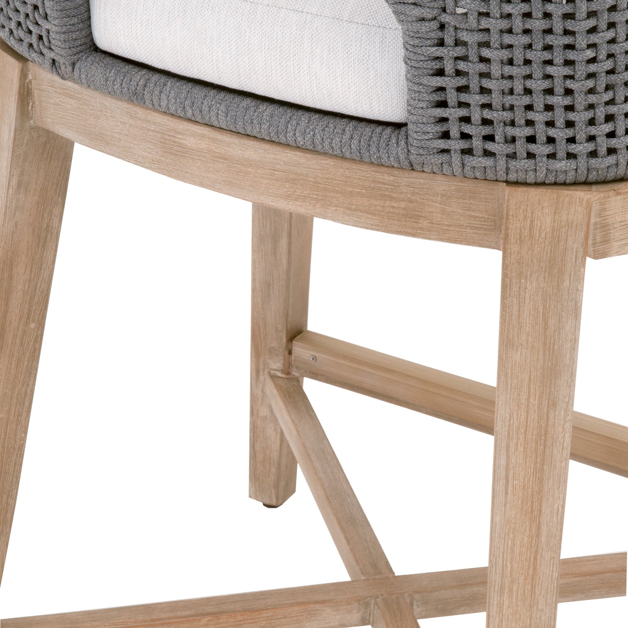Close-up of a coastal style counter stool with taupe woven rope and natural gray mahogany wood base by Essentials For Living