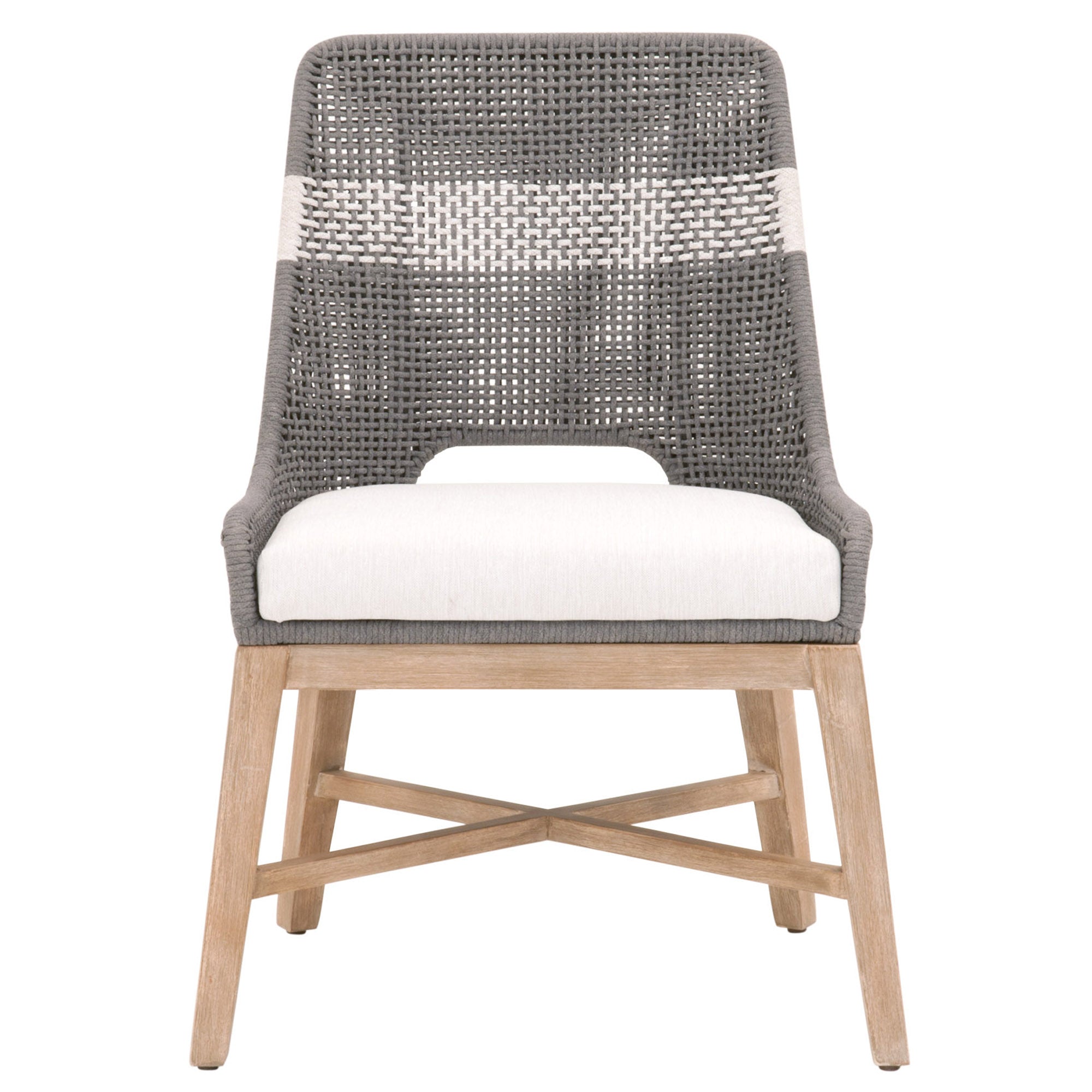 Woven tapestry dining chair with pumice cushion and distressed natural gray mahogany legs by Essentials For Living
