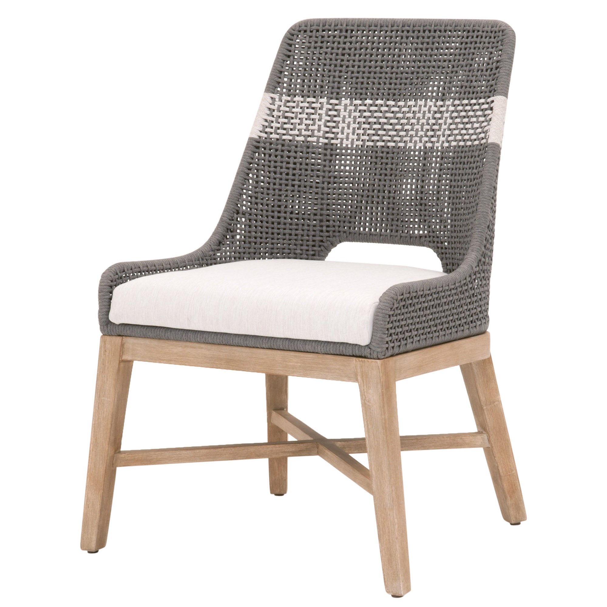 Essentials For Living Tapestry Dining Chair with woven taupe and white back, pumice cushion, and natural gray mahogany legs