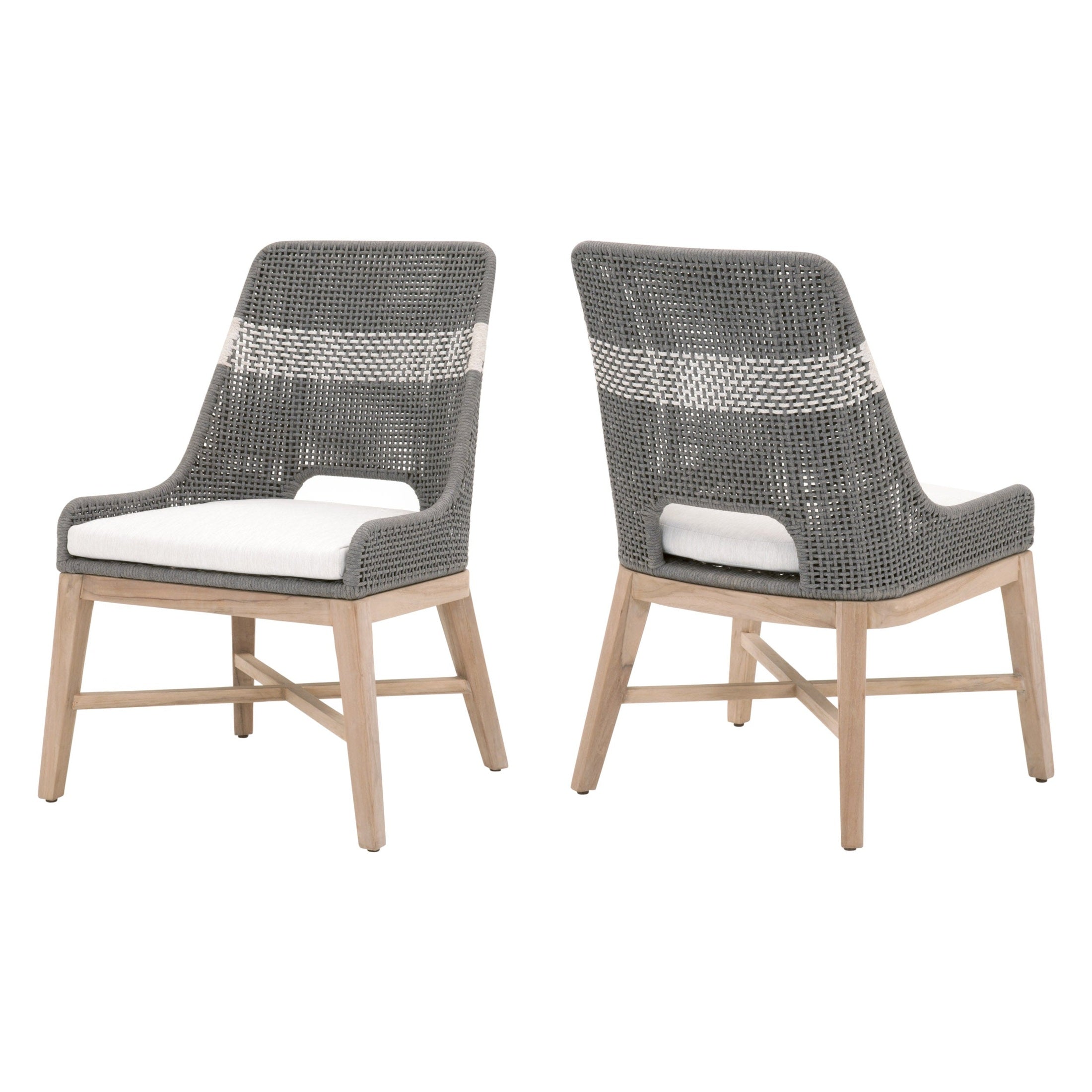 Set of two Essentials For Living tapestry dining chairs with woven taupe and white backs and cushion seats
