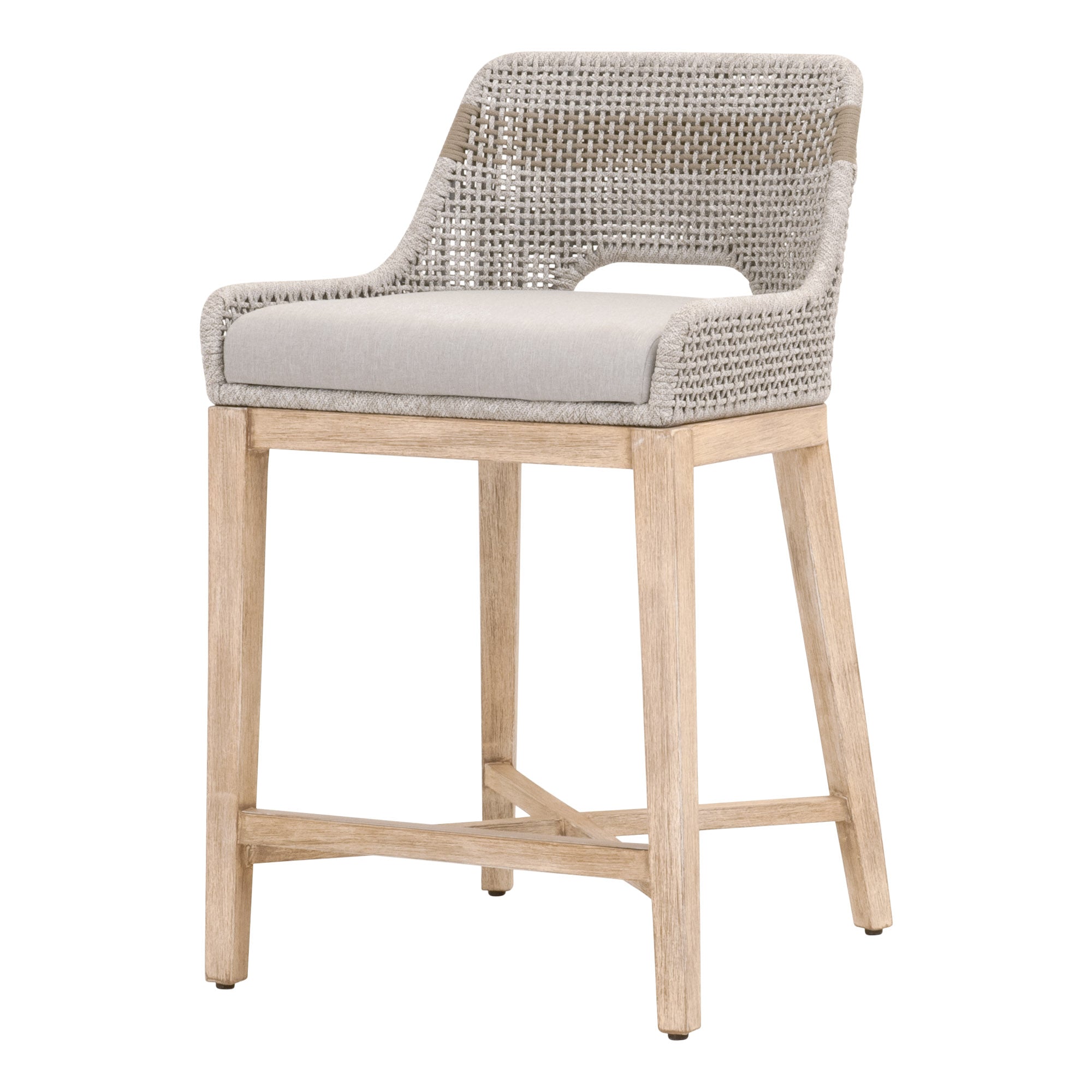 Essentials for Living tapestry counter stool with woven rope backrest, pumice cushion, and natural gray mahogany wood base