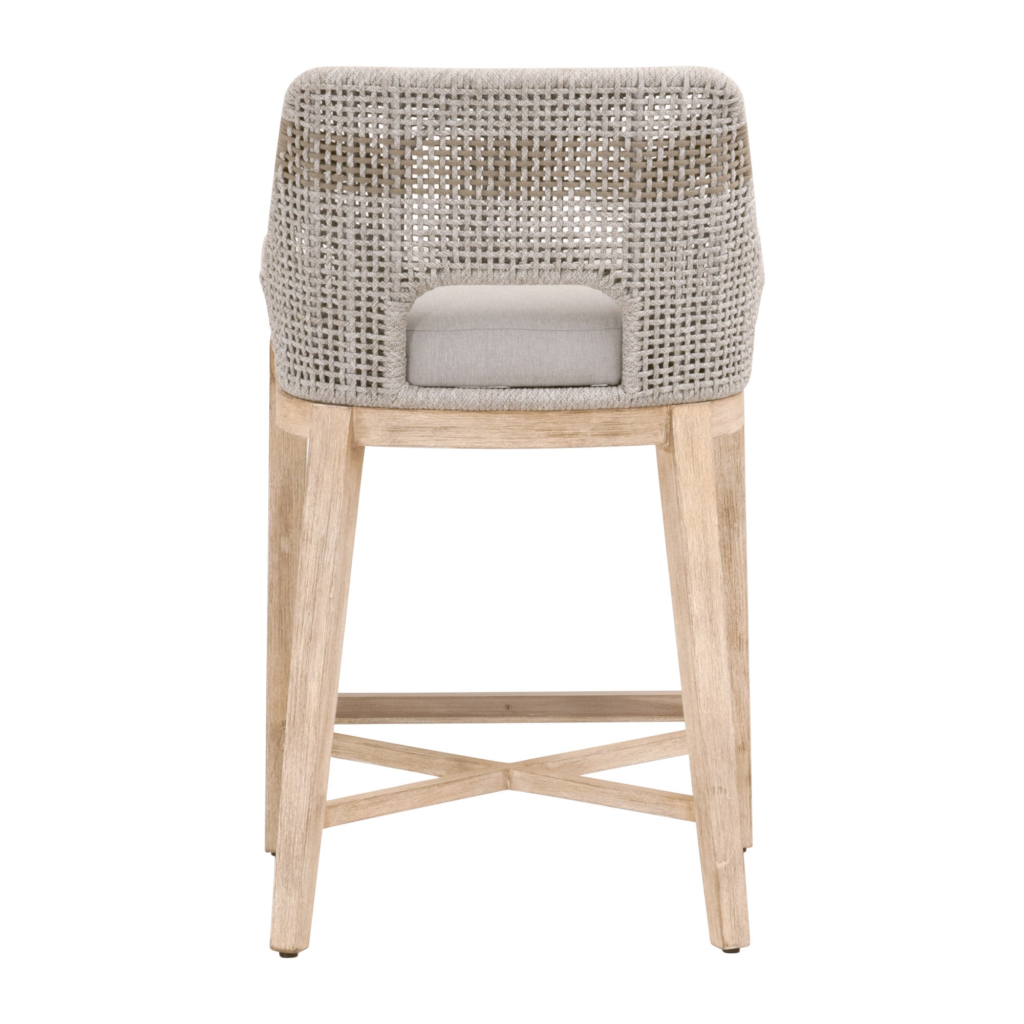 Back view of Essentials for Living Tapestry Counter Stool with woven taupe rope back and natural wood base