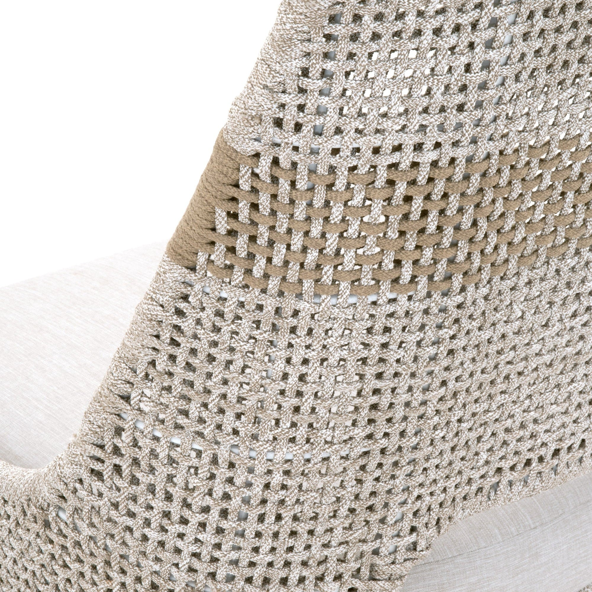 Close-up of woven taupe and white polypropylene rope pattern on tapestry dining chair backrest