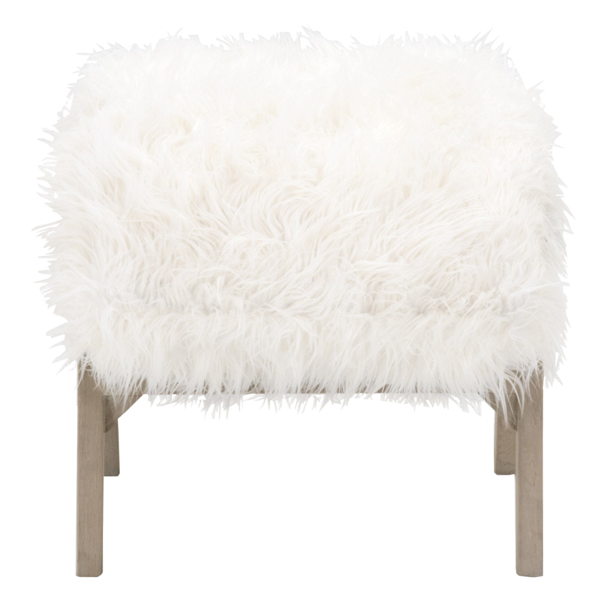 White faux fur ottoman with smoke gray oak legs by Essentials For Living, blending cozy texture and modern style.
