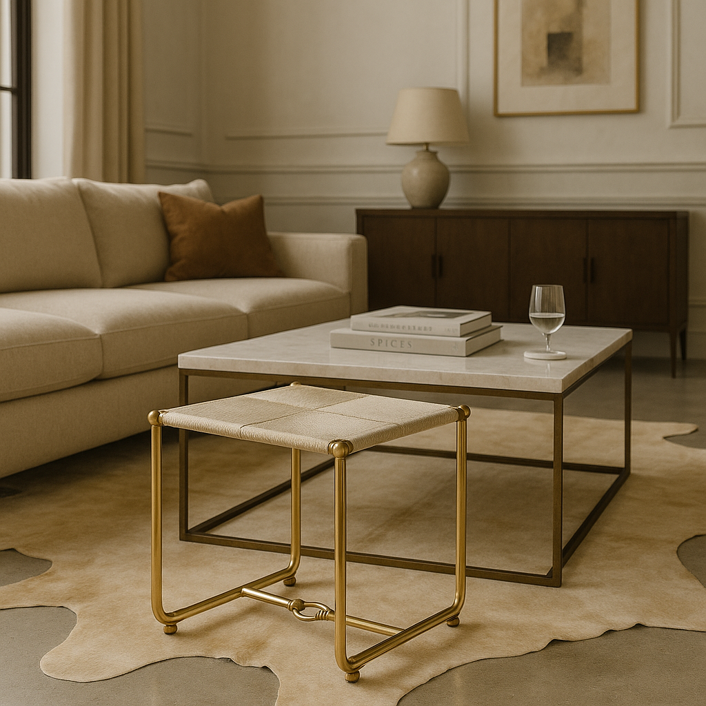 Titon Hide Stool with white hair-on-hide seat and polished nickel frame in living room setting by GO HOME